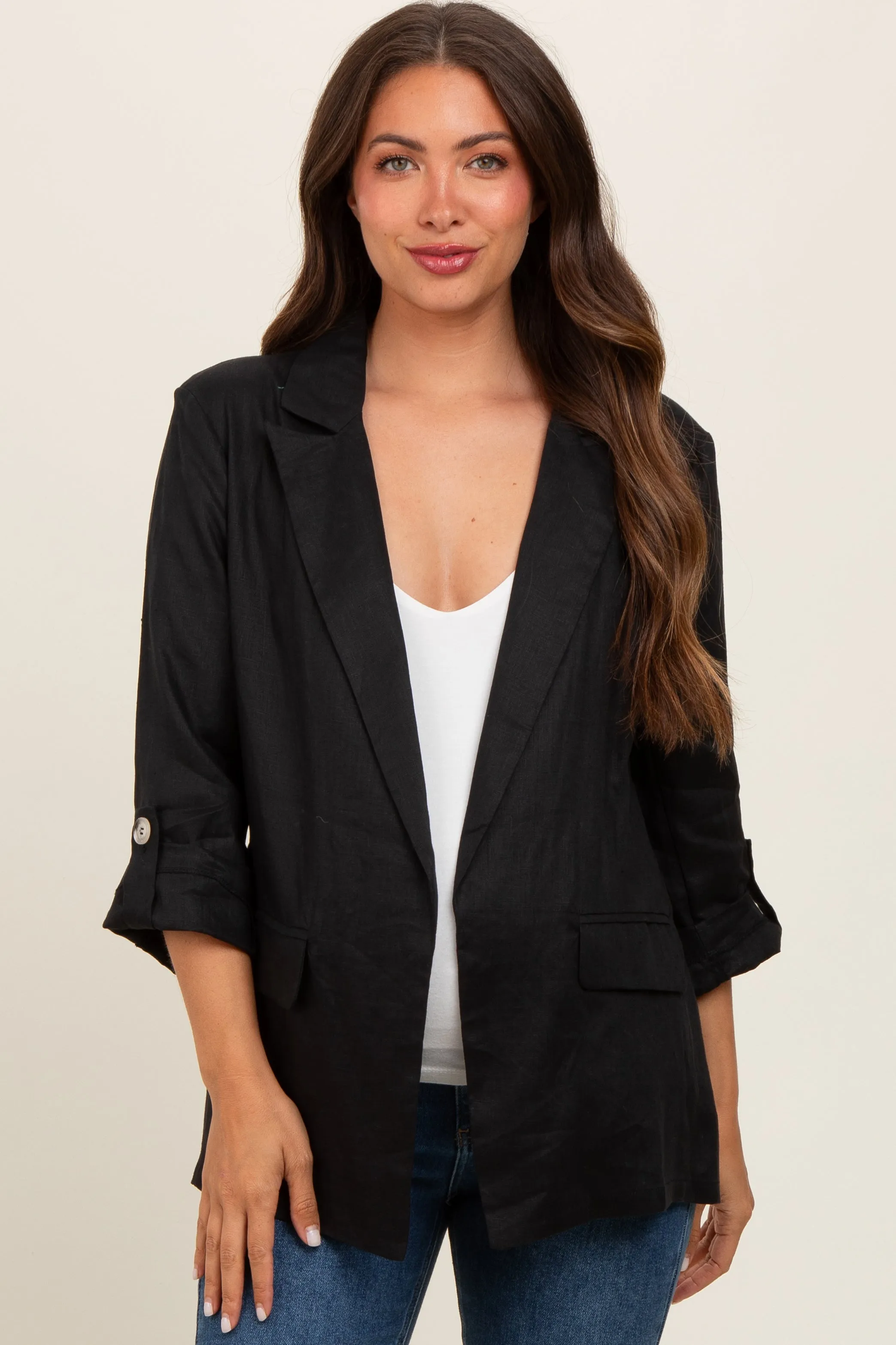 Black Linen Rolled Cuff Maternity Blazer sold by Pinkblush