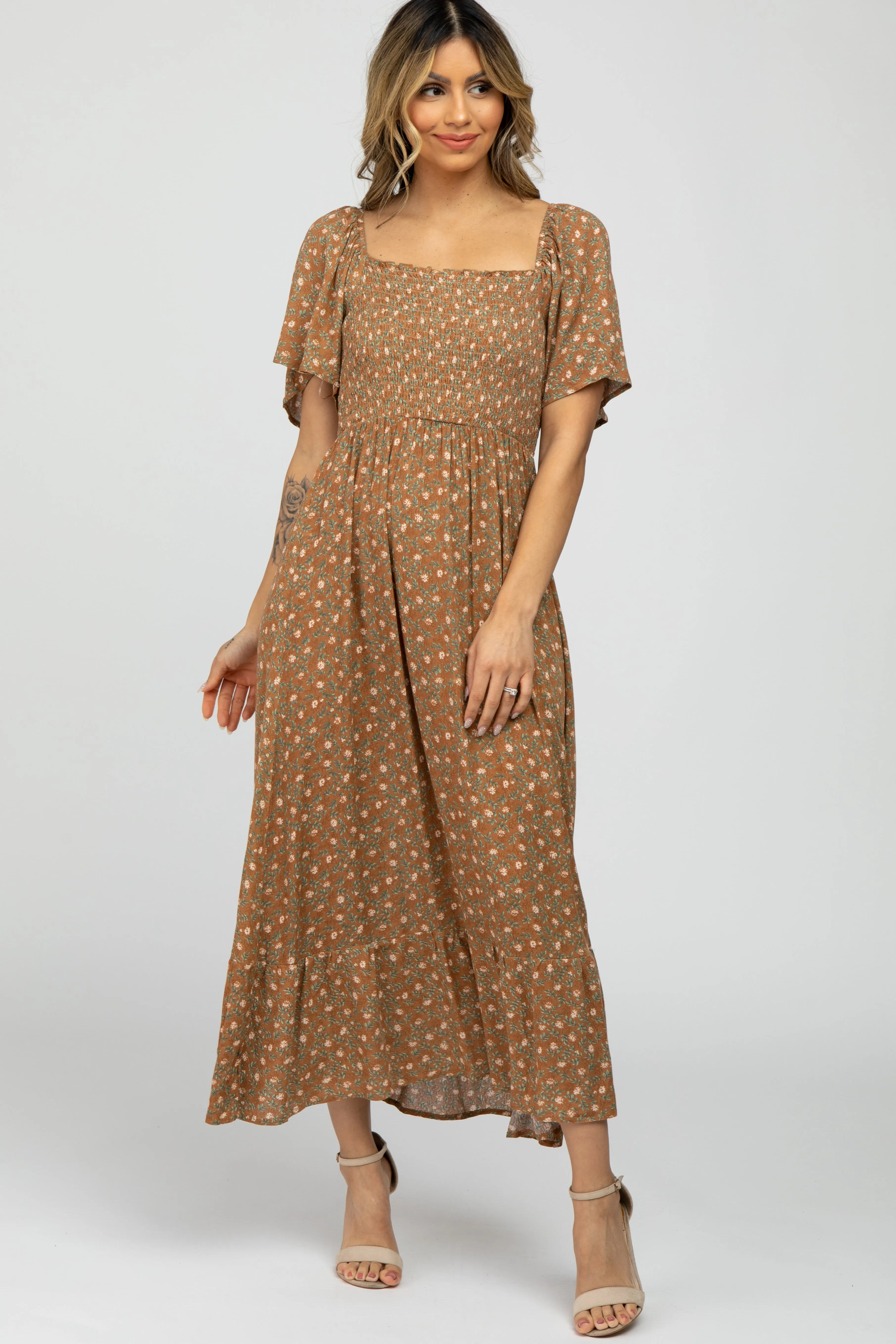 Camel Floral Smocked Square Neck Midi Dress sold by Pinkblush product image thumbnail 2