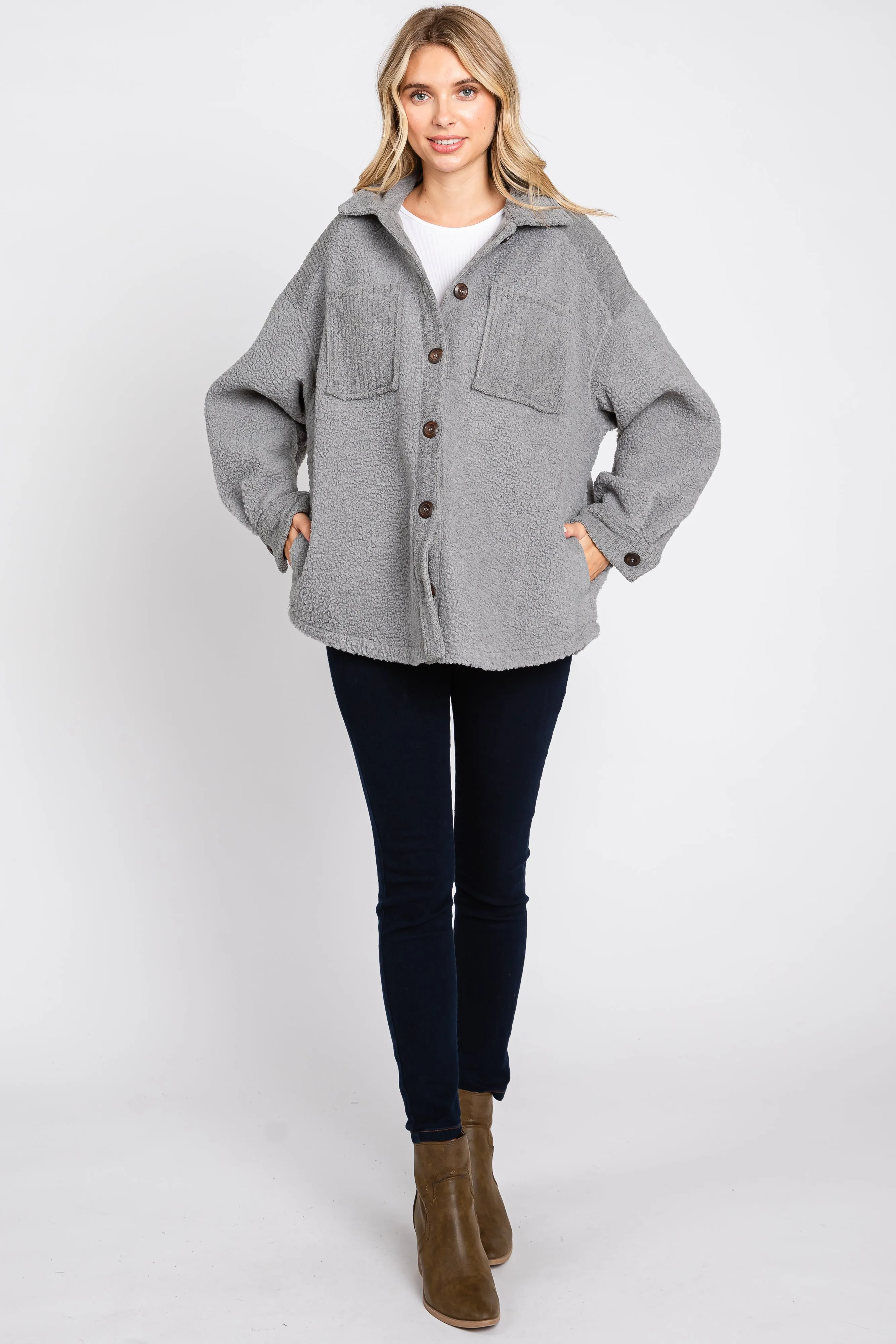 Grey Colorblock Fleece Shirt Jacket sold by Pinkblush product image thumbnail 4