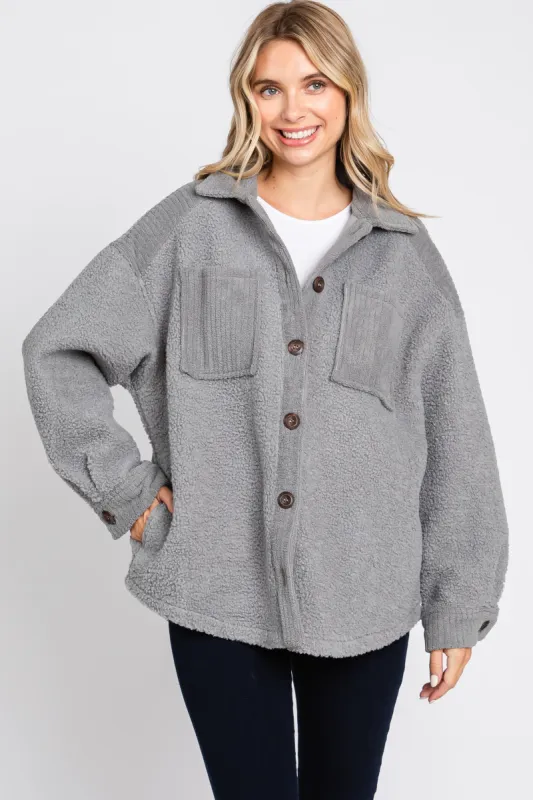Grey Colorblock Fleece Shirt Jacket sold by Pinkblush