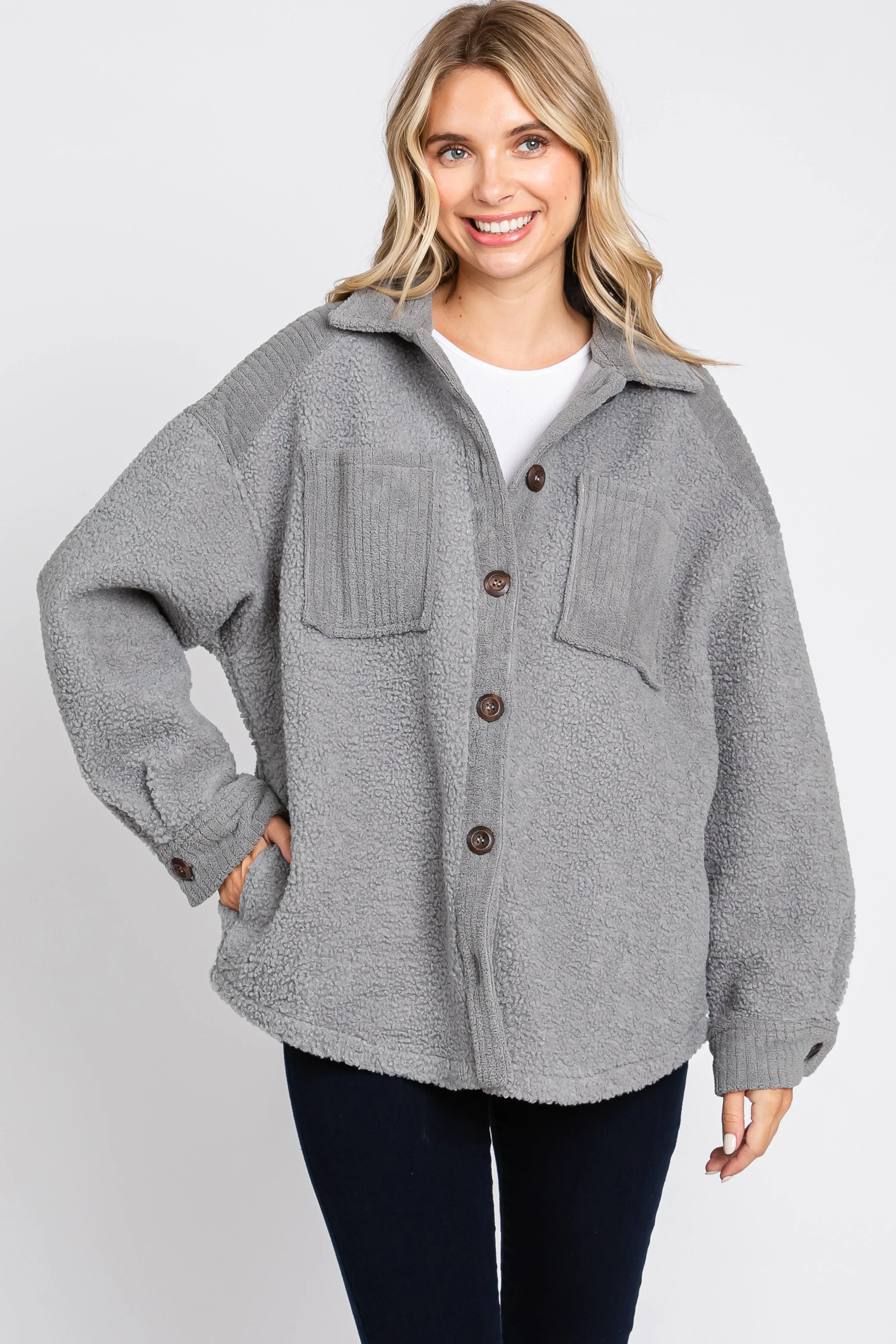 Grey Colorblock Fleece Shirt Jacket sold by Pinkblush