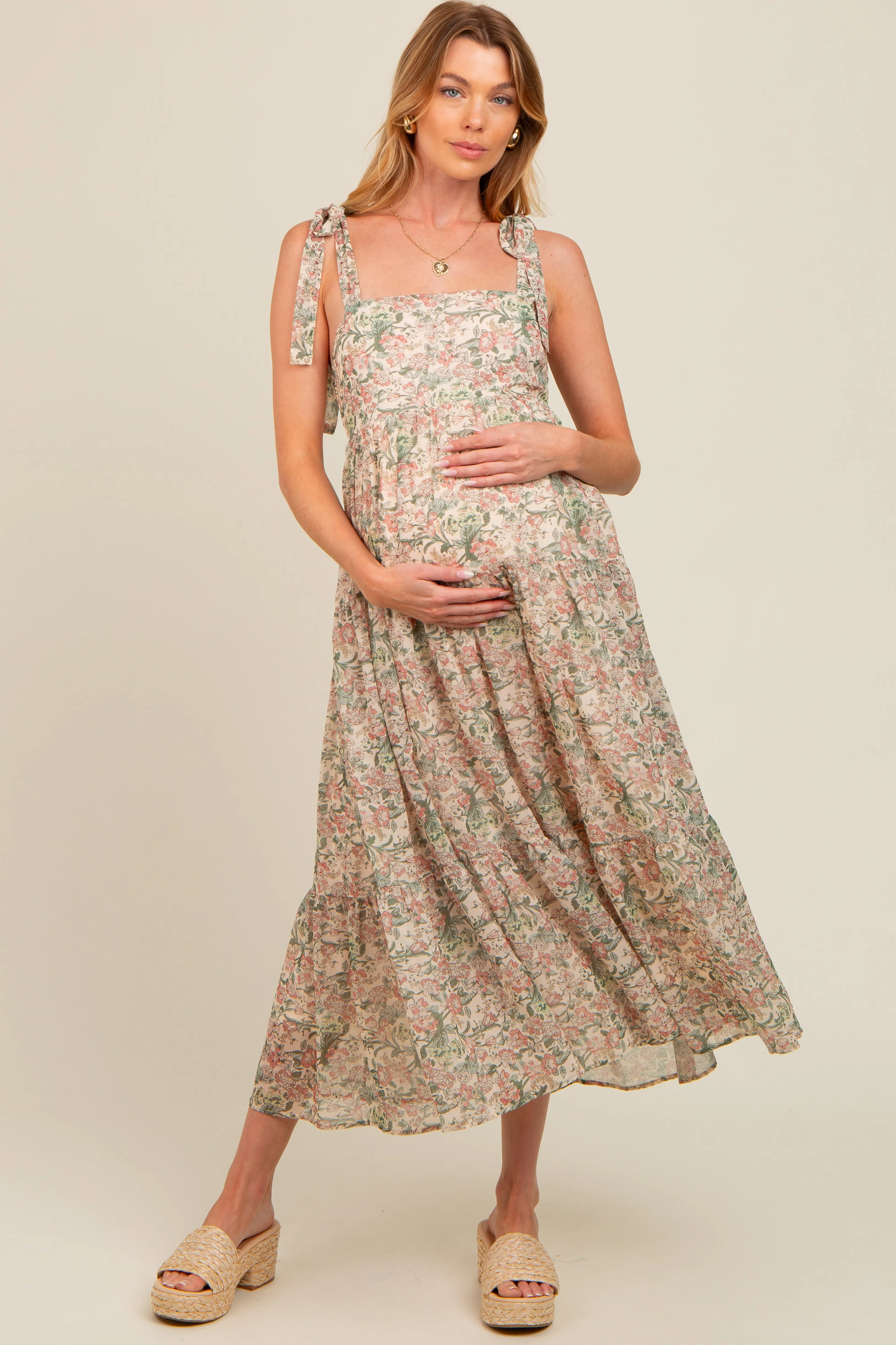 Cream Floral Shoulder Tie Tiered Maternity Maxi Dress sold by Pinkblush product image thumbnail 2