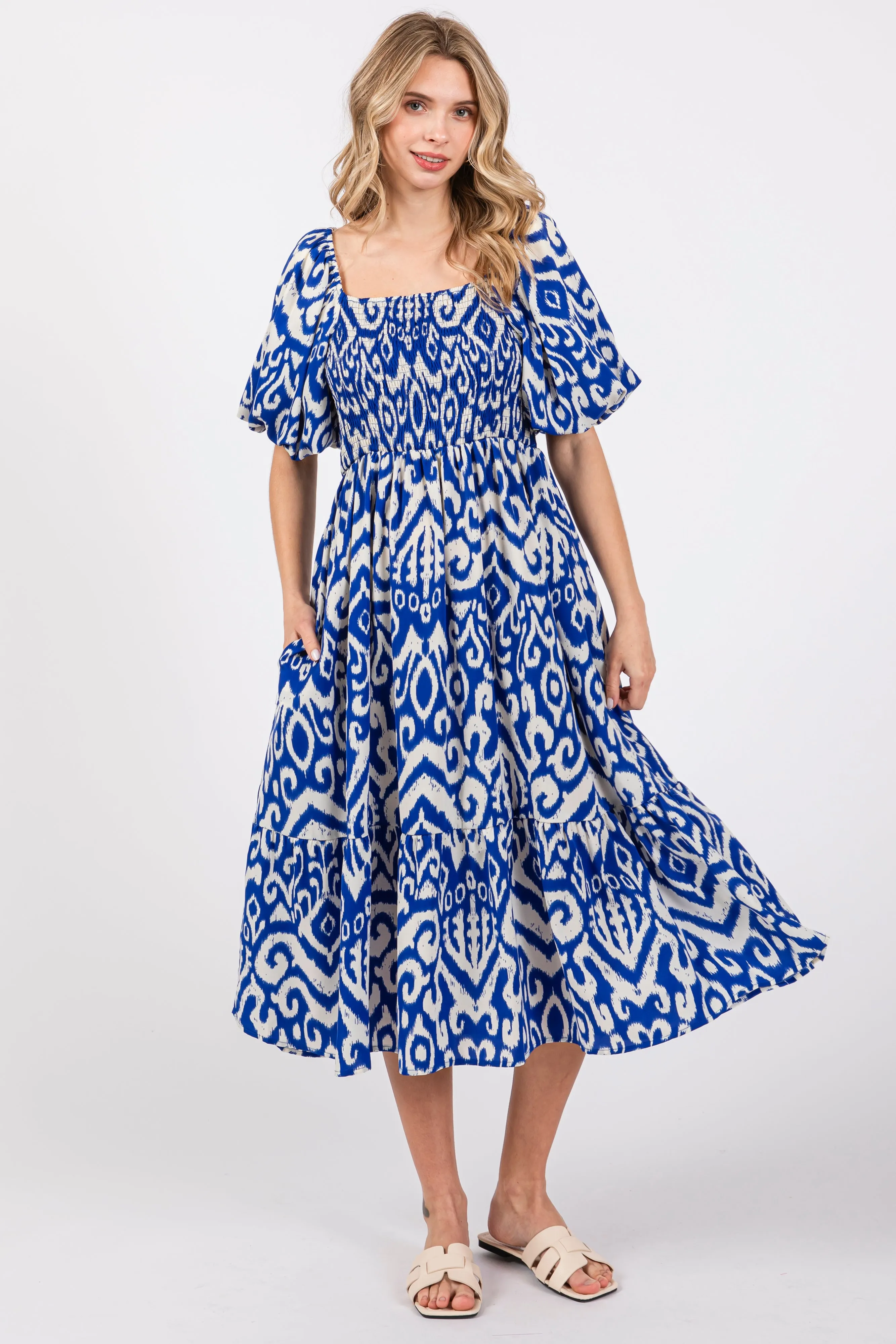 Royal Blue Square Neck Smocked Ruffle Midi Dress sold by Pinkblush