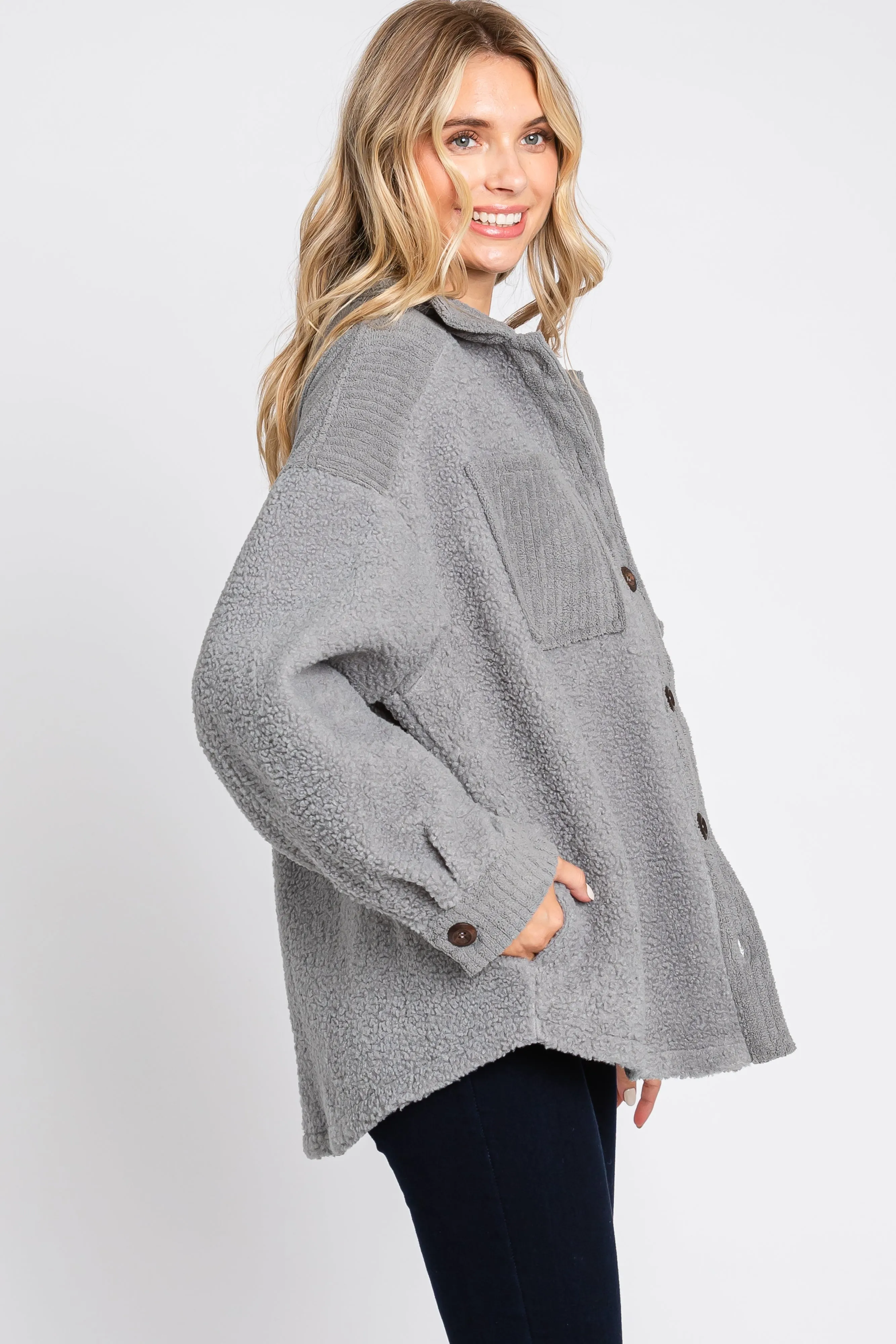 Grey Colorblock Fleece Shirt Jacket sold by Pinkblush product image thumbnail 2