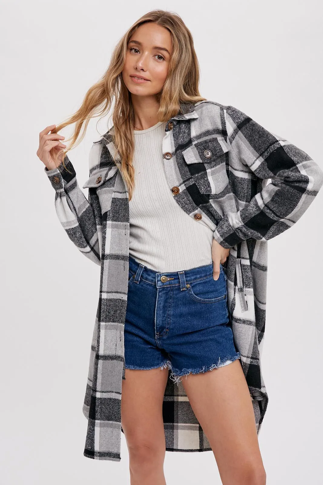Black Plaid Fleece Long Shirt Jacket sold by Pinkblush