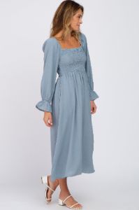 Light Blue Smocked Square Neck Midi Dress sold by Pinkblush