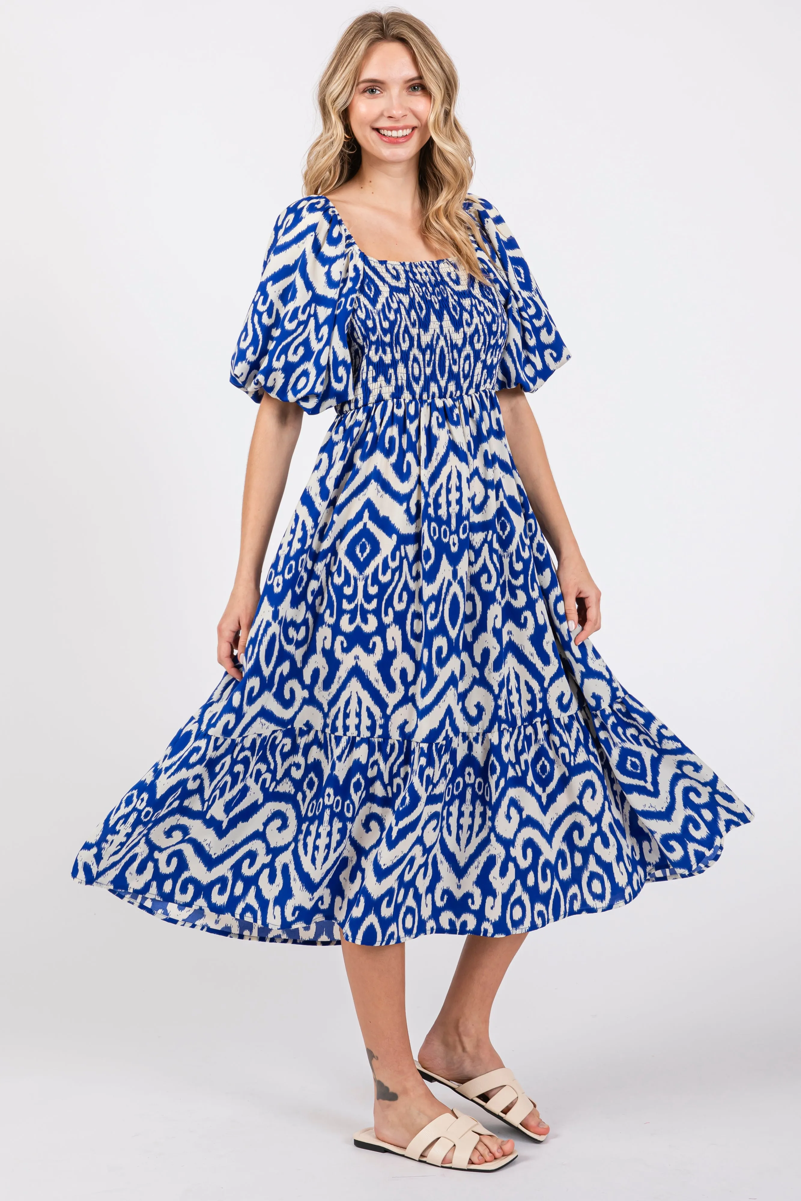 Royal Blue Square Neck Smocked Ruffle Midi Dress sold by Pinkblush product image thumbnail 2