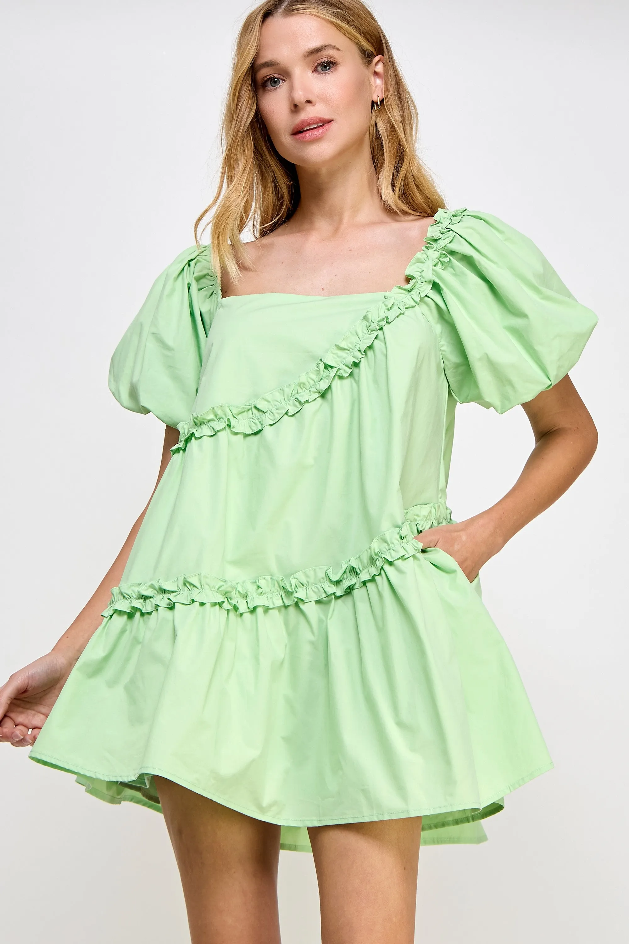 Green Asymmetric Ruffle Poplin Mini Dress sold by Pinkblush
