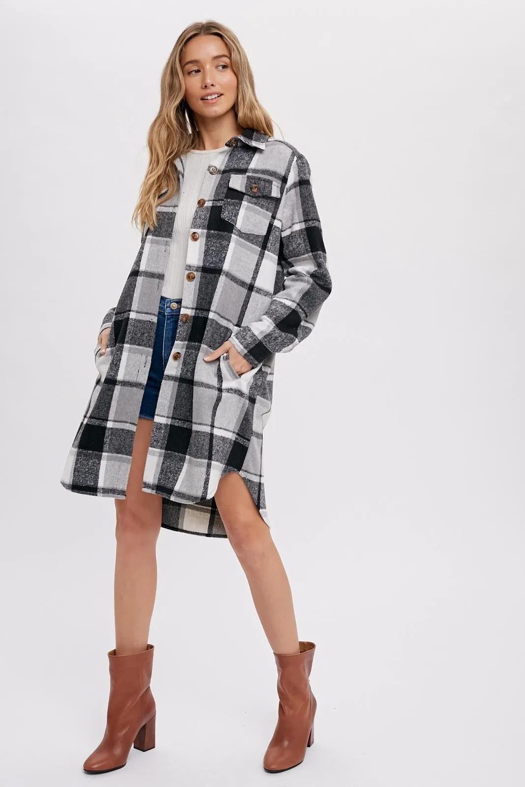 Black Plaid Fleece Long Shirt Jacket sold by Pinkblush product image thumbnail 2