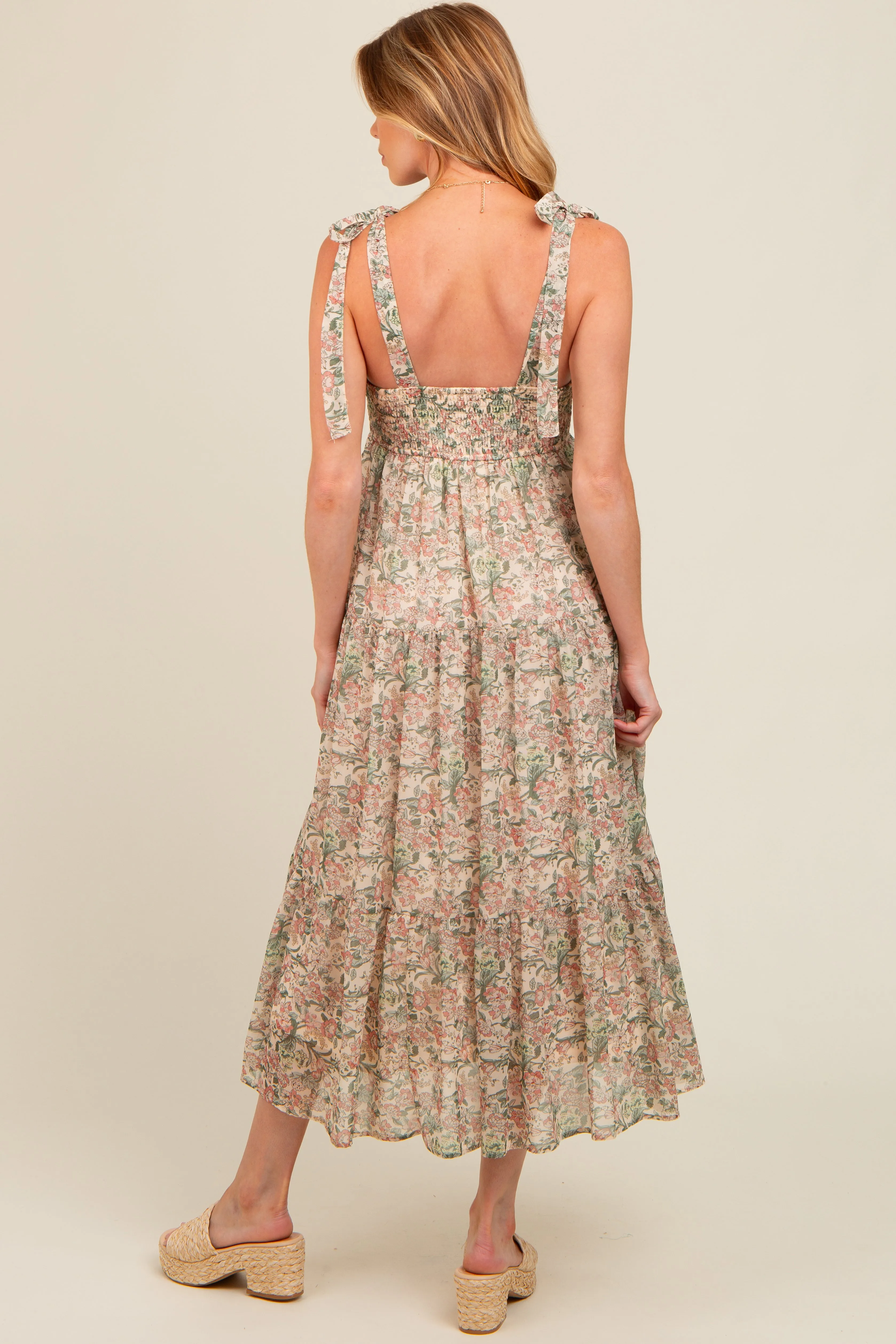 Cream Floral Shoulder Tie Tiered Maternity Maxi Dress sold by Pinkblush product image thumbnail 4