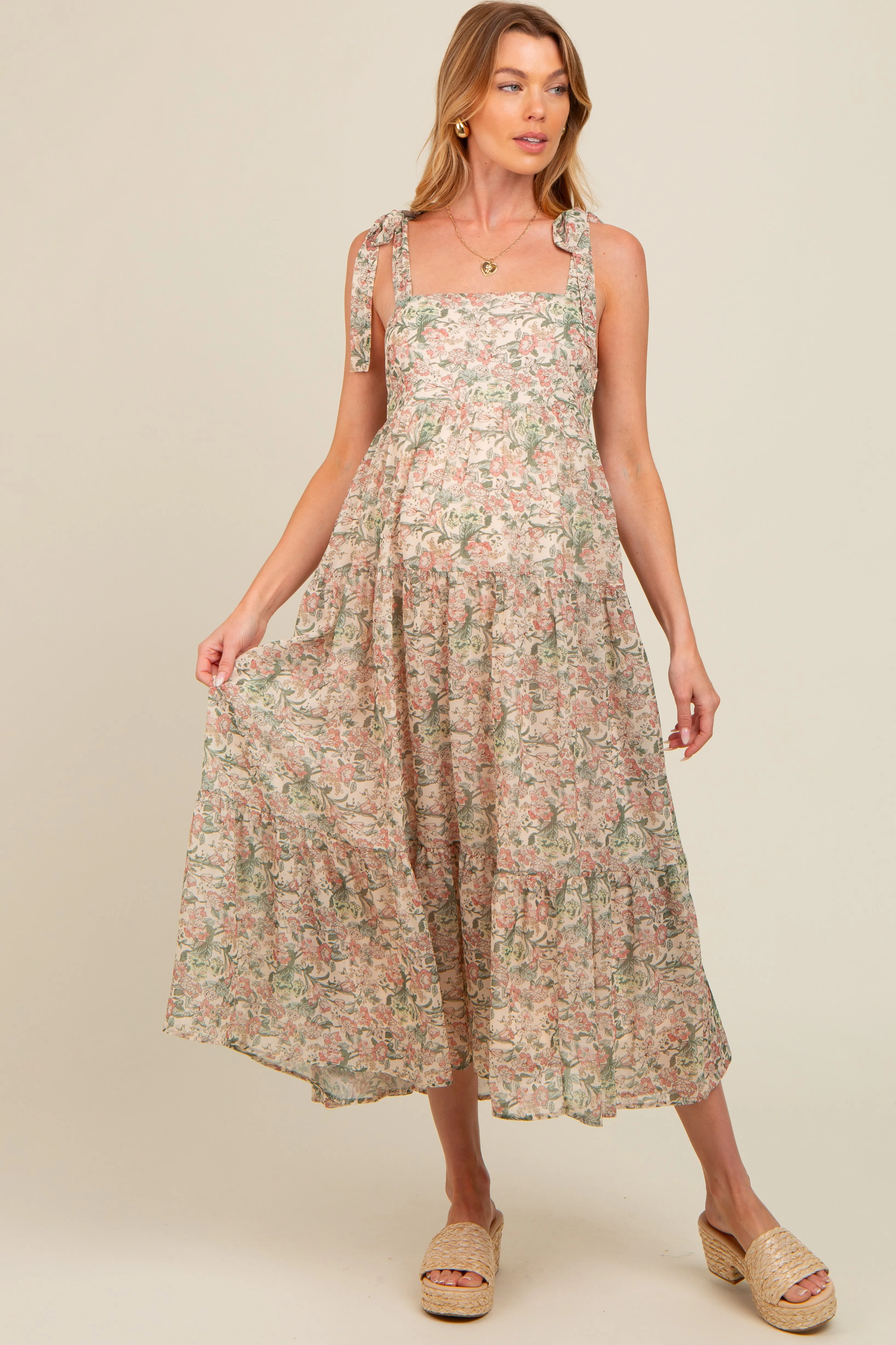 Cream Floral Shoulder Tie Tiered Maternity Maxi Dress sold by Pinkblush