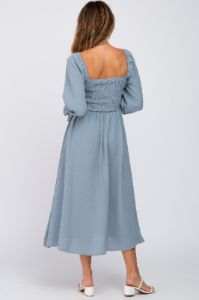 Light Blue Smocked Square Neck Midi Dress sold by Pinkblush
