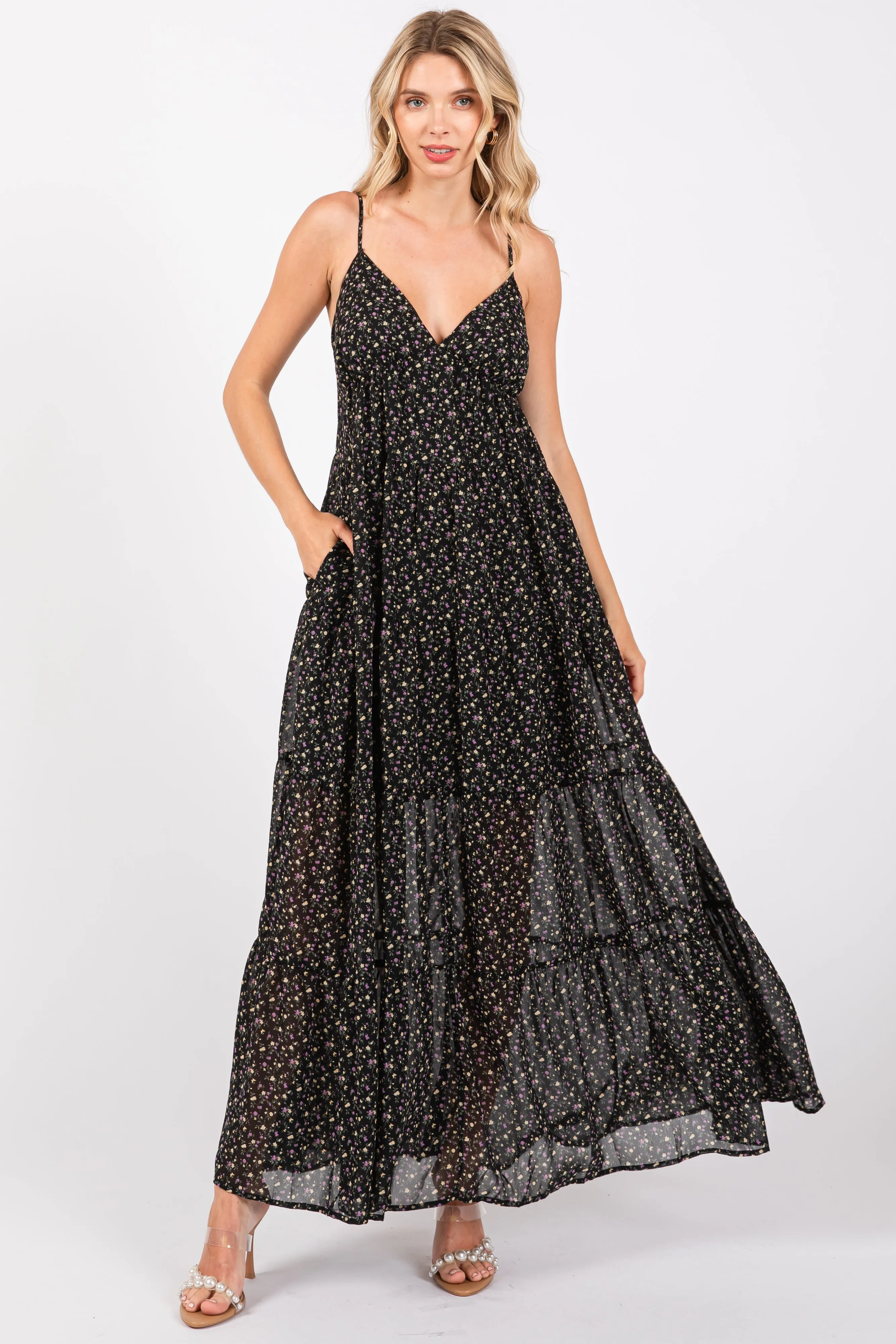 Black Floral Tiered Maxi Dress sold by Pinkblush