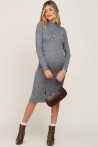 Heather Grey Ribbed Fitted Mock Neck Long Sleeve Maternity Dress sold by Pinkblush