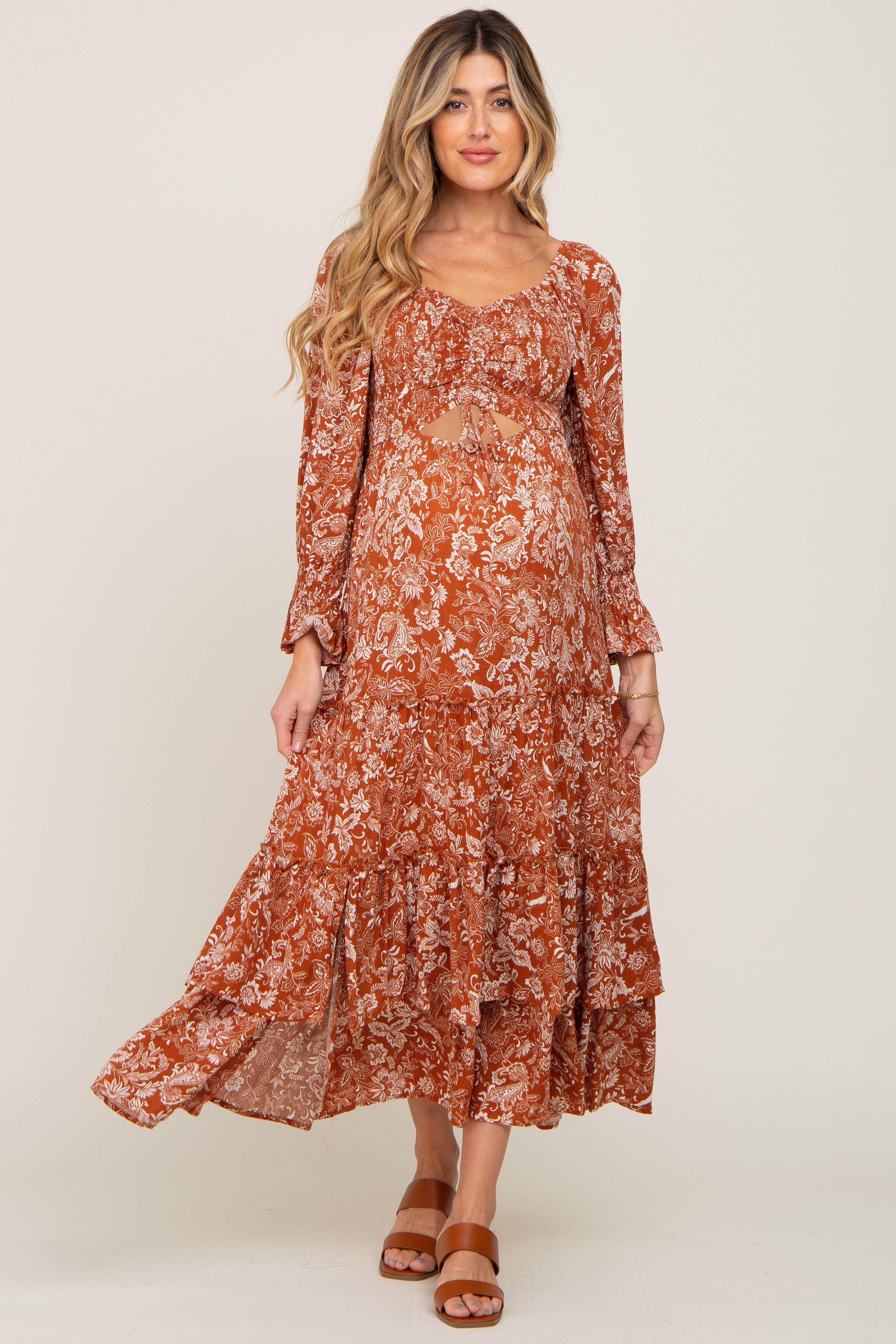 Rust Floral Cutout Smocked Tiered Maternity Maxi Dress sold by Pinkblush