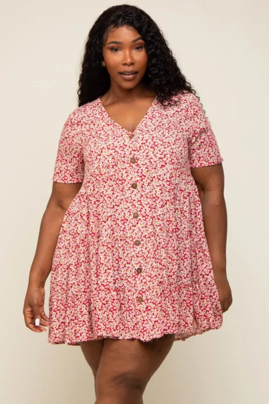 Red Floral Button Front Tiered Dress sold by Pinkblush