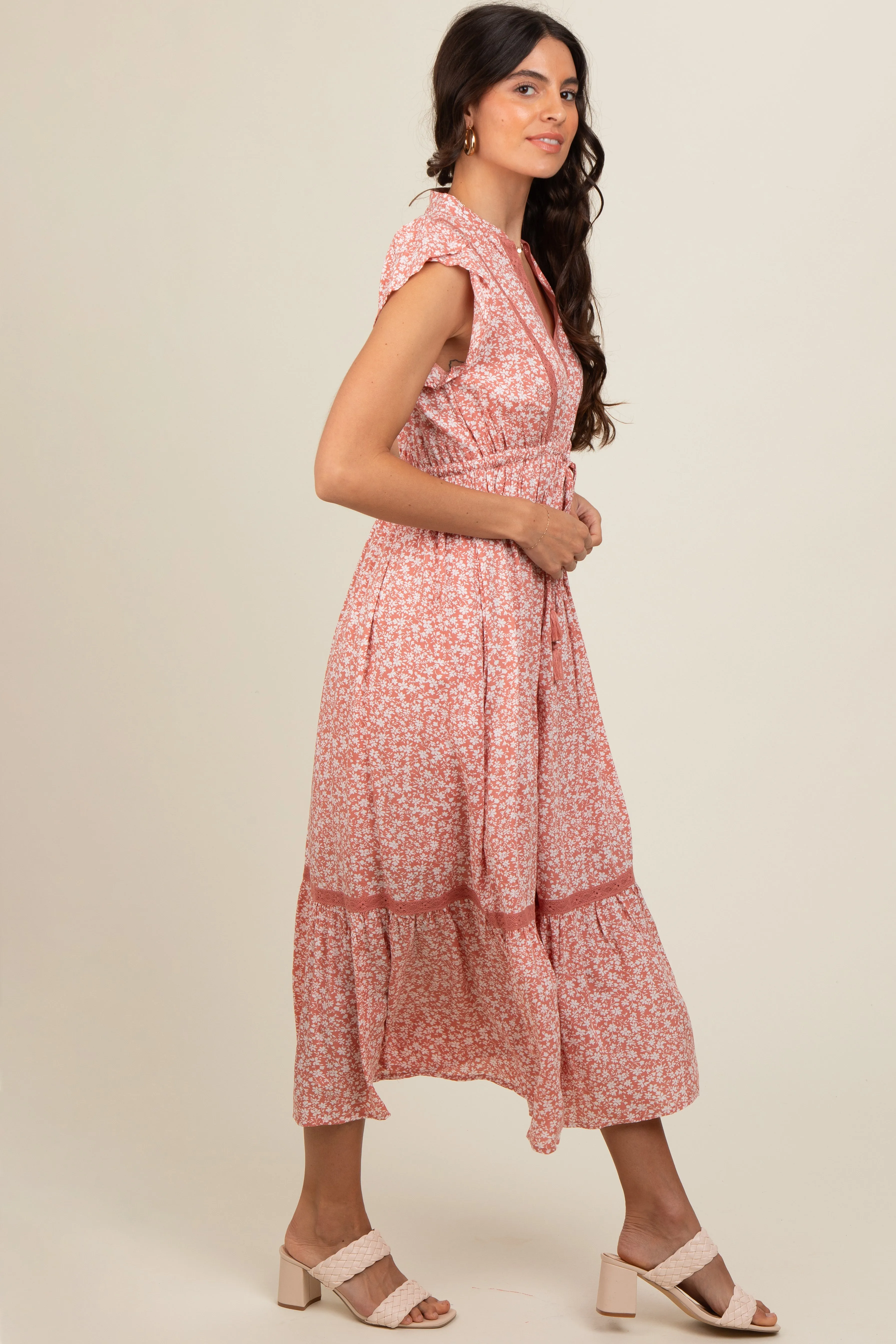Salmon Floral Lace Trim Midi Dress sold by Pinkblush product image thumbnail 3