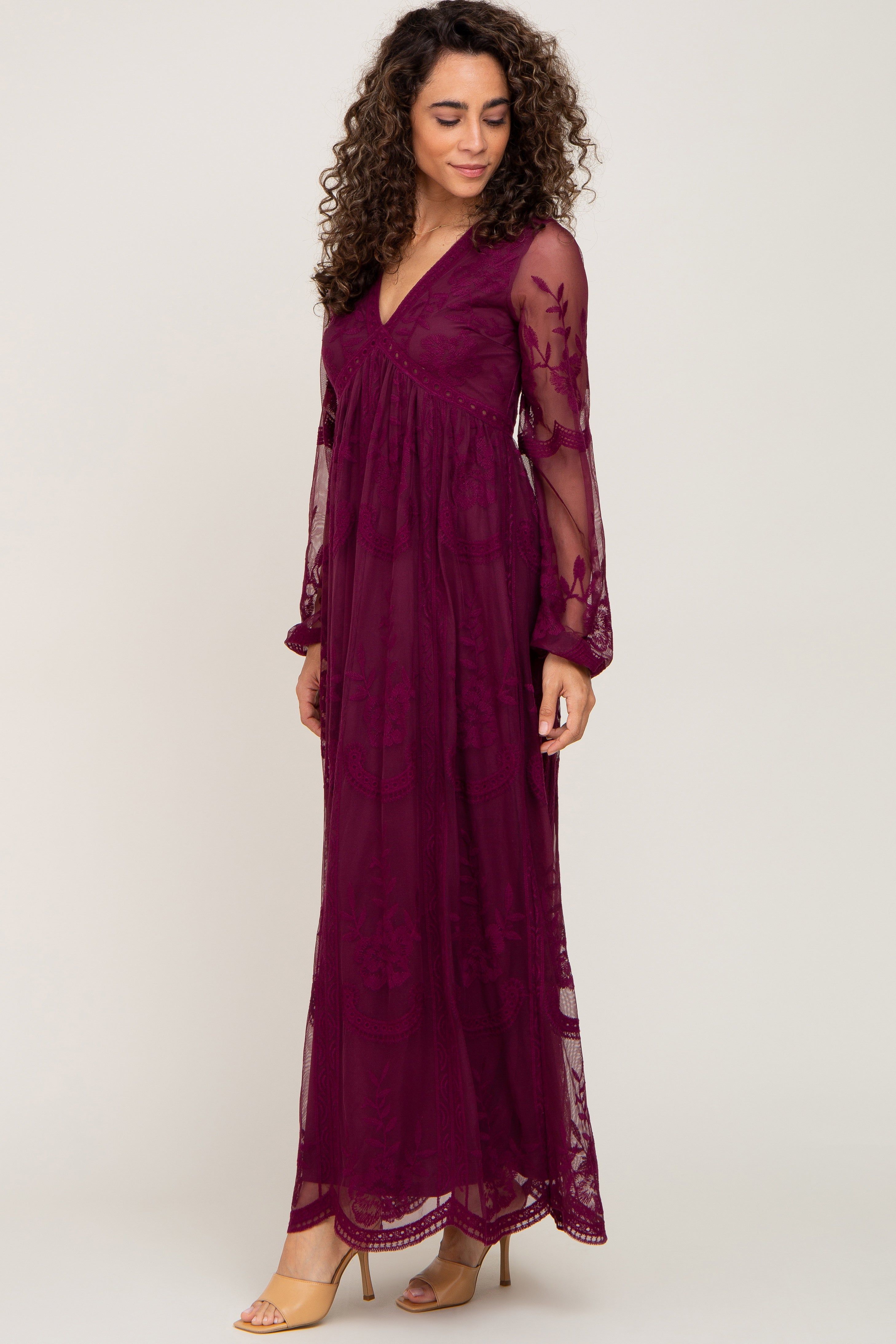 PinkBlush Burgundy Lace Mesh Overlay Long Sleeve Maxi Dress sold by Pinkblush product image thumbnail 2