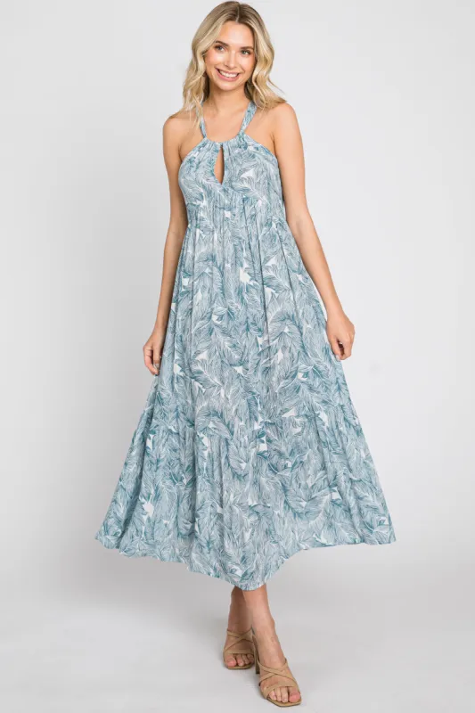 Blue Palm Print Front Cutout Midi Dress sold by Pinkblush