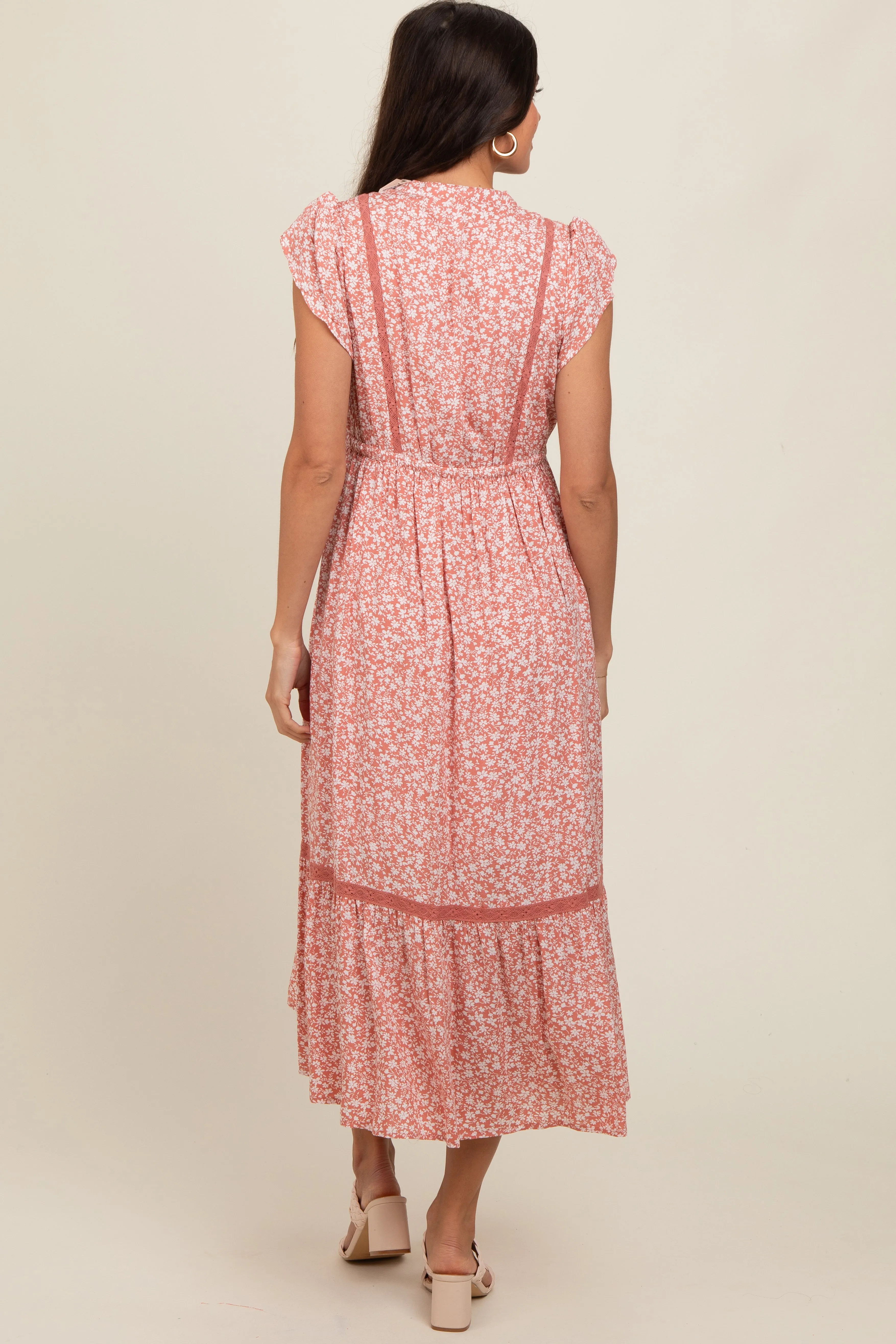 Salmon Floral Lace Trim Midi Dress sold by Pinkblush product image thumbnail 4