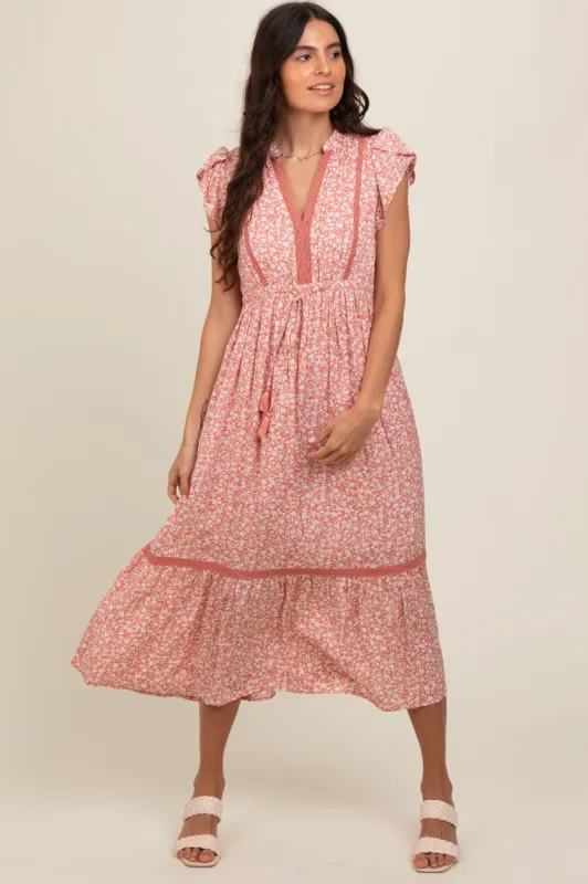 Salmon Floral Lace Trim Midi Dress sold by Pinkblush
