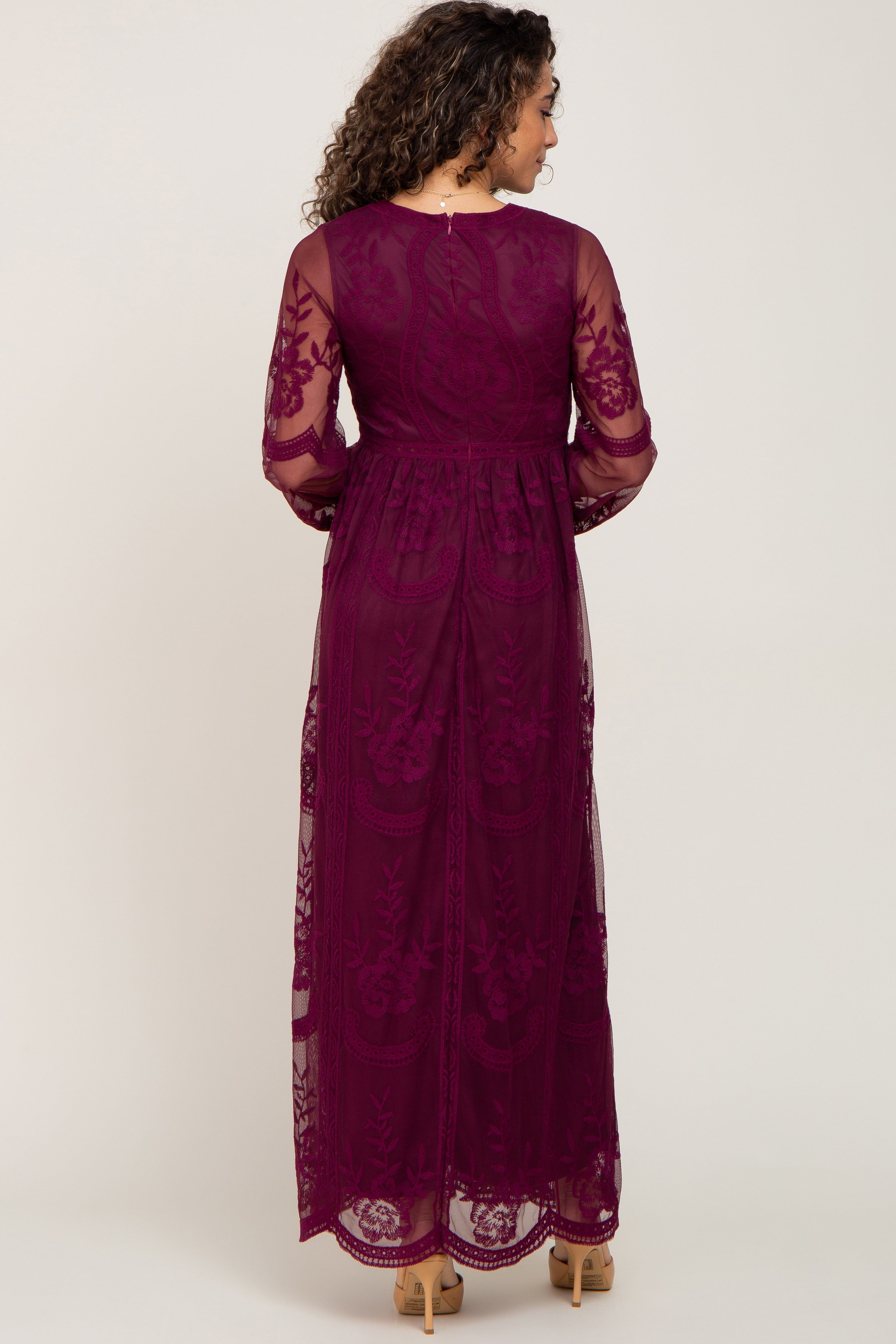 PinkBlush Burgundy Lace Mesh Overlay Long Sleeve Maxi Dress sold by Pinkblush product image thumbnail 3