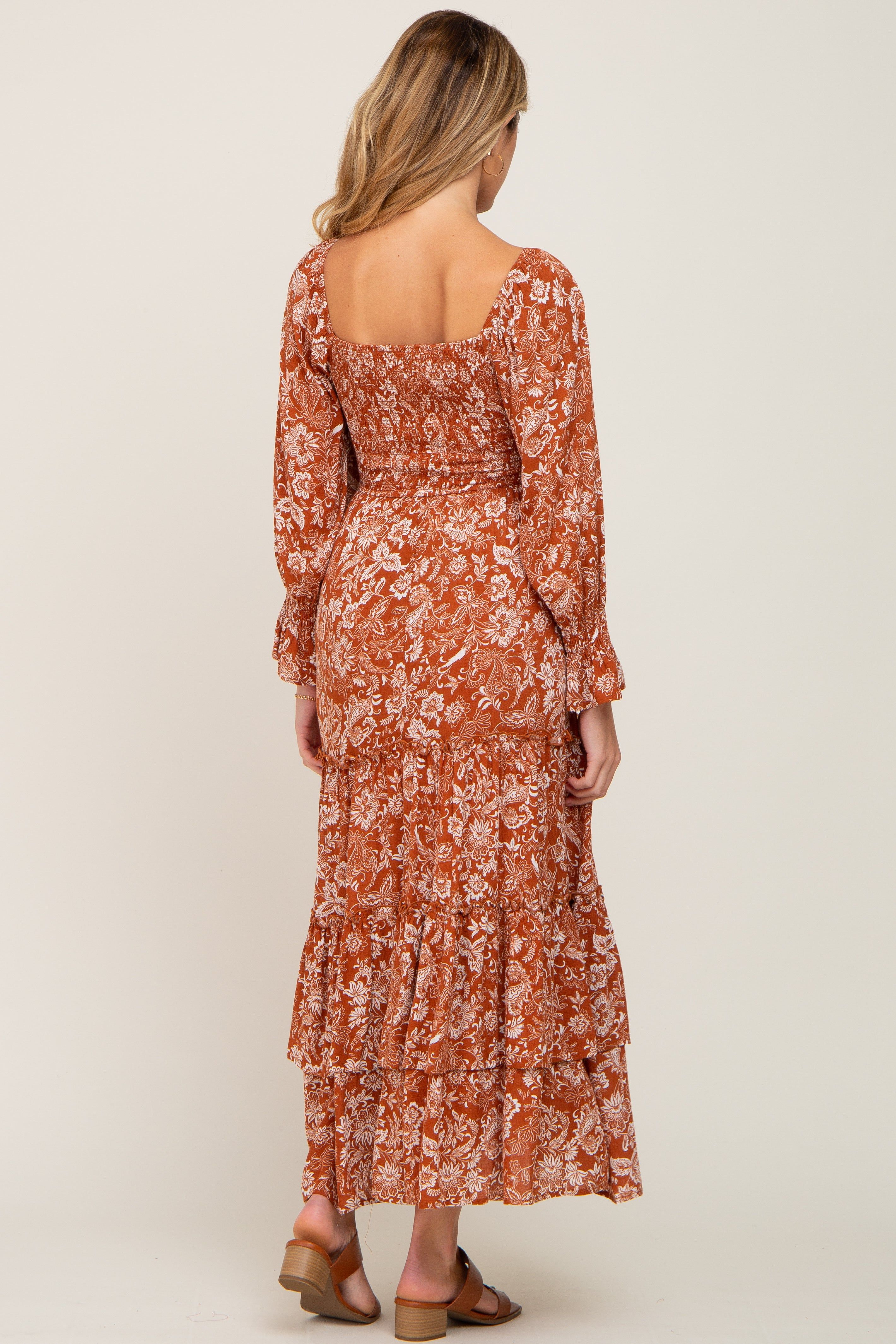 Rust Floral Cutout Smocked Tiered Maternity Maxi Dress sold by Pinkblush product image thumbnail 3
