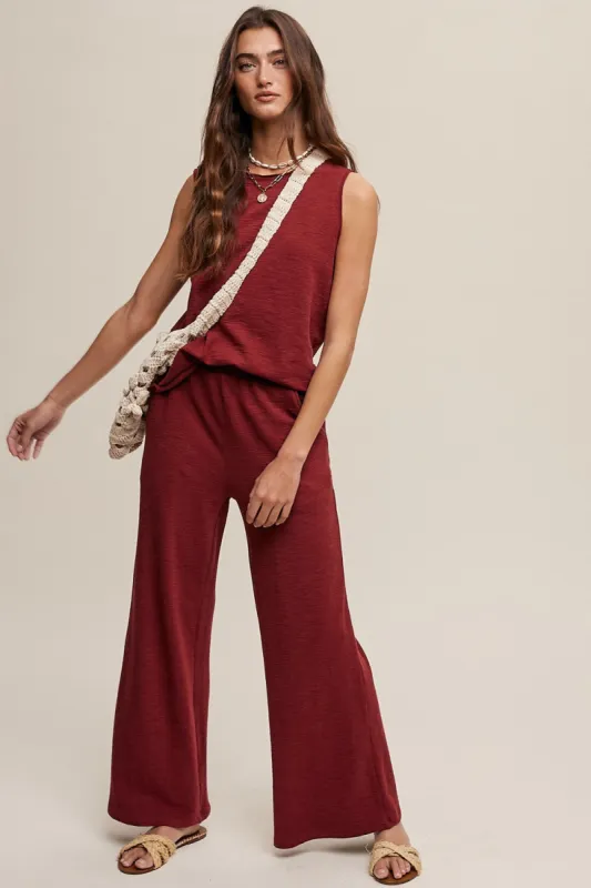 Burgundy Slub Knit Pants Set sold by Pinkblush