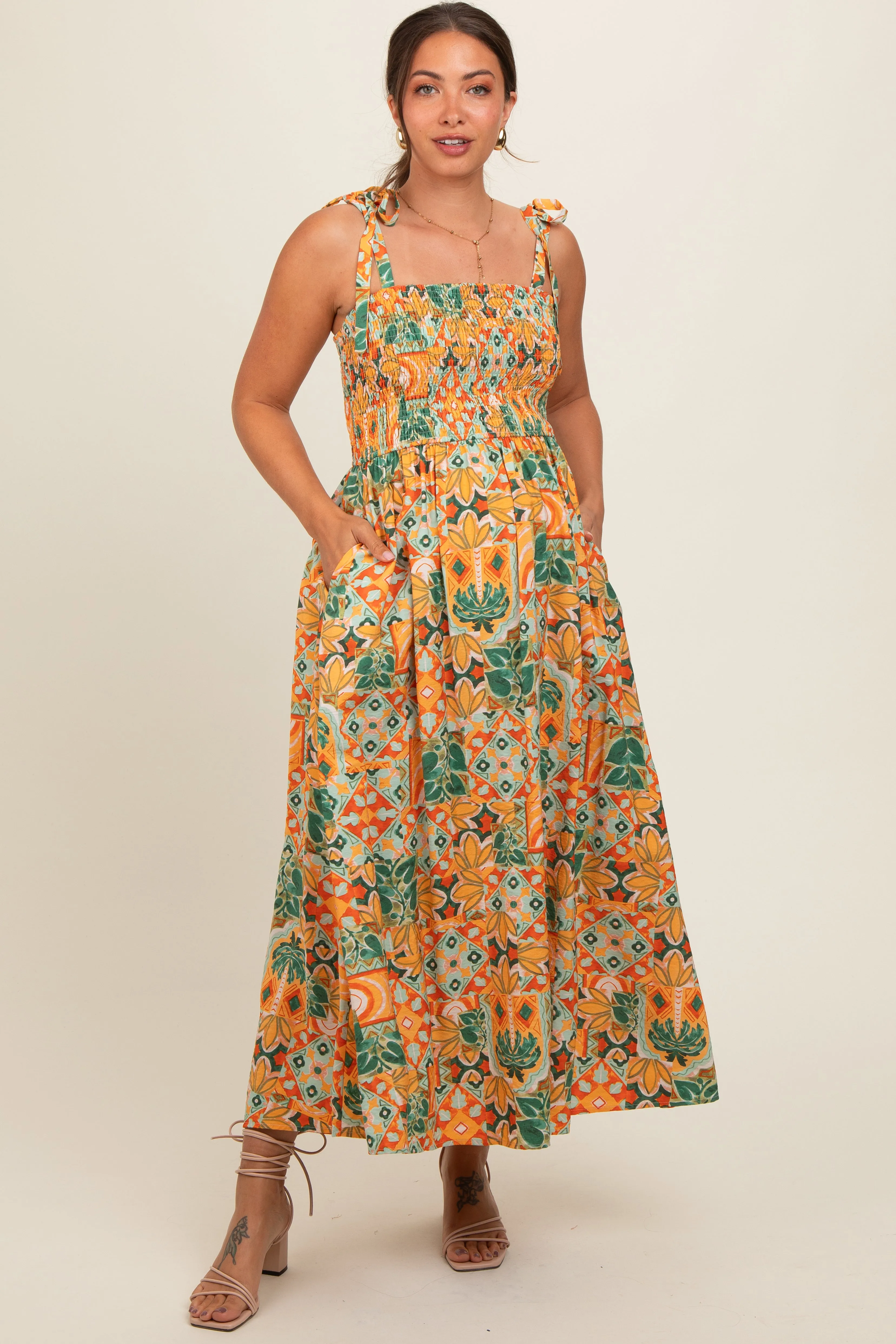 Yellow Floral Smocked Shoulder Tie Maternity Maxi Dress sold by Pinkblush