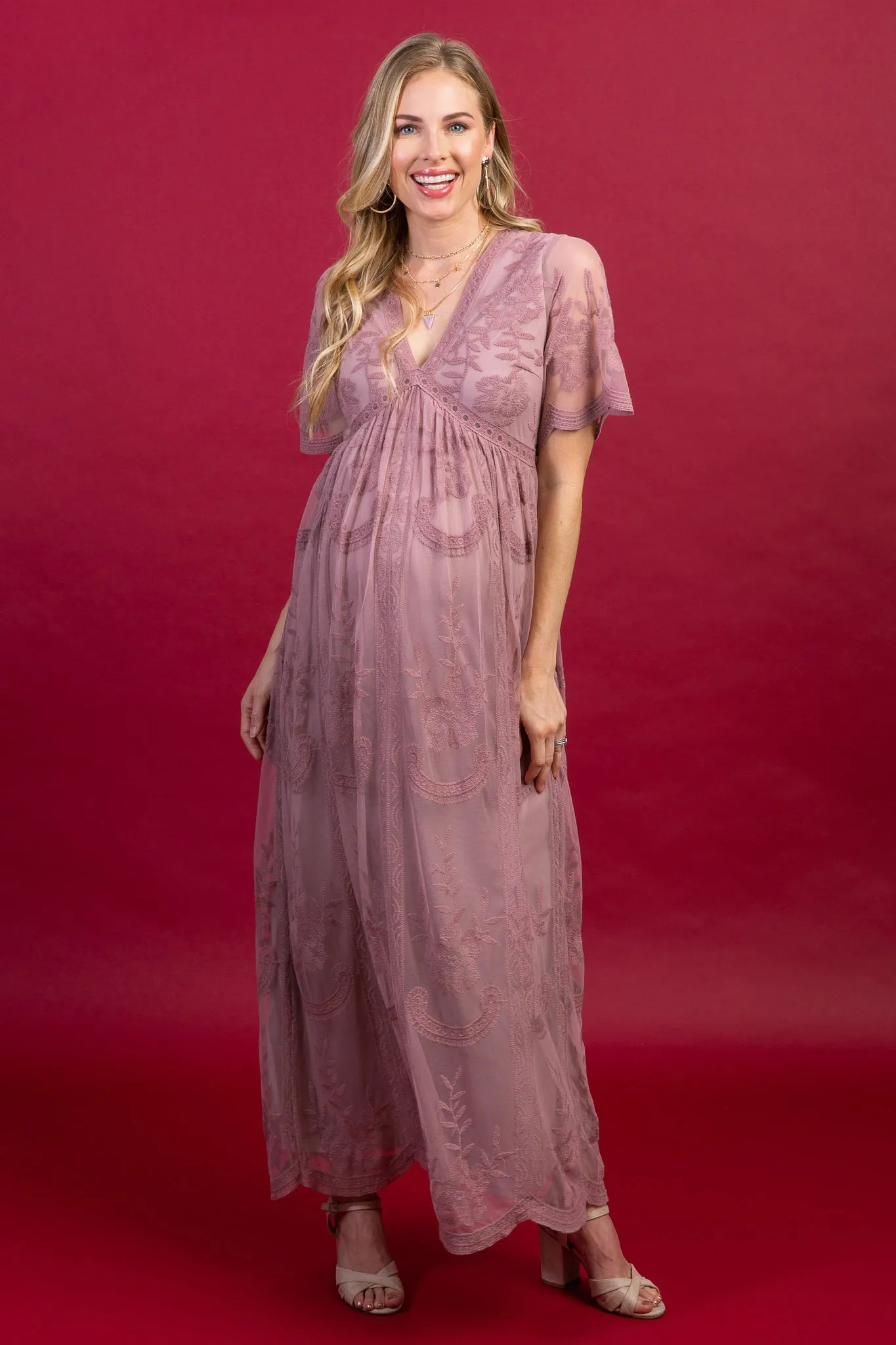 PinkBlush Mauve Lace Mesh Overlay Maternity Maxi Dress sold by Pinkblush product image thumbnail 4