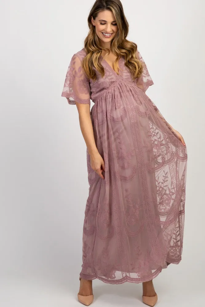 PinkBlush Mauve Lace Mesh Overlay Maternity Maxi Dress sold by Pinkblush