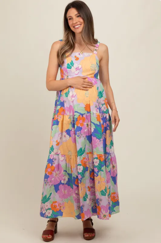 Royal Blue Multi-Color Floral Tiered Cutout Back Maternity Dress sold by Pinkblush