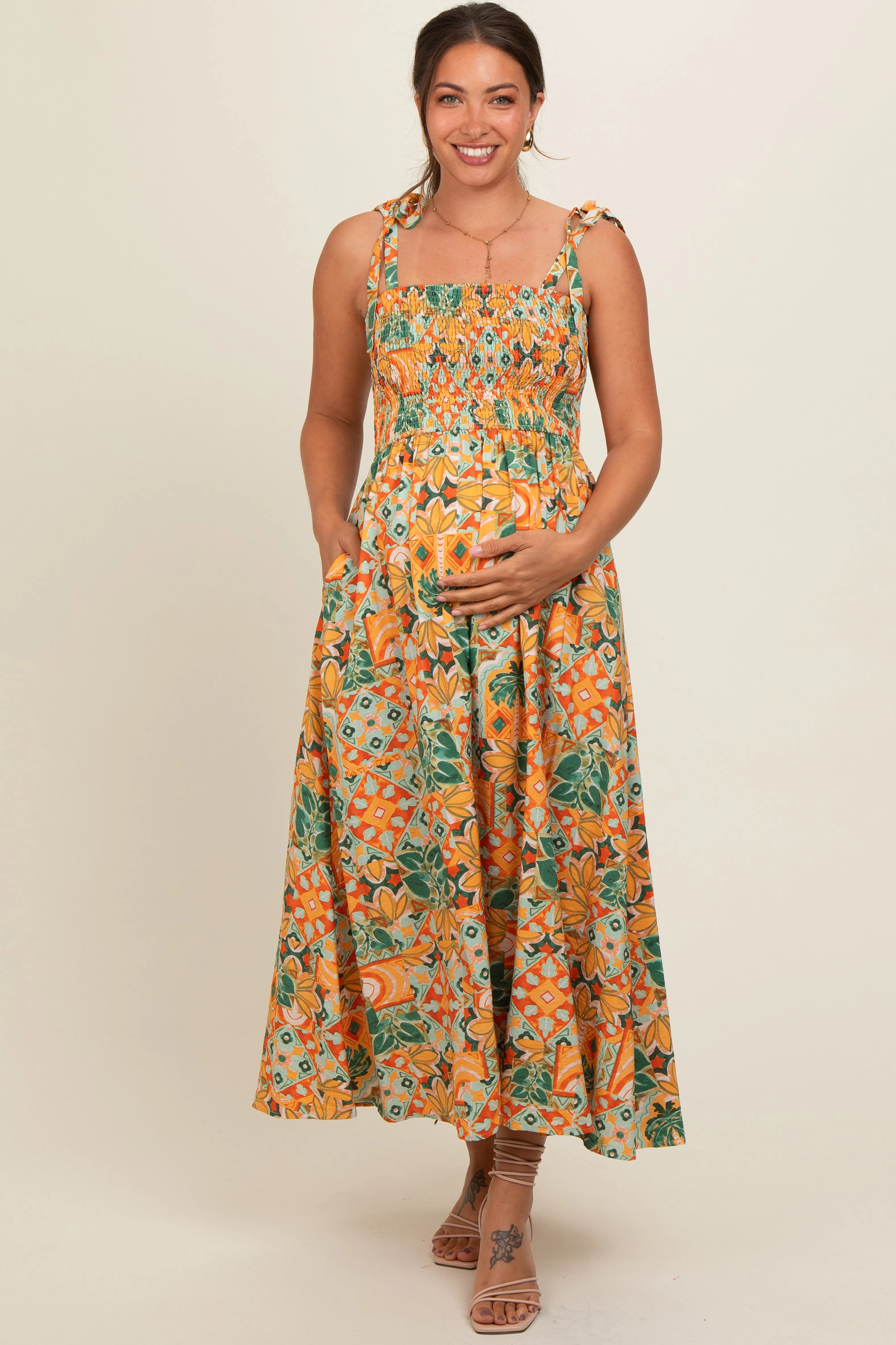 Yellow Floral Smocked Shoulder Tie Maternity Maxi Dress sold by Pinkblush product image thumbnail 2