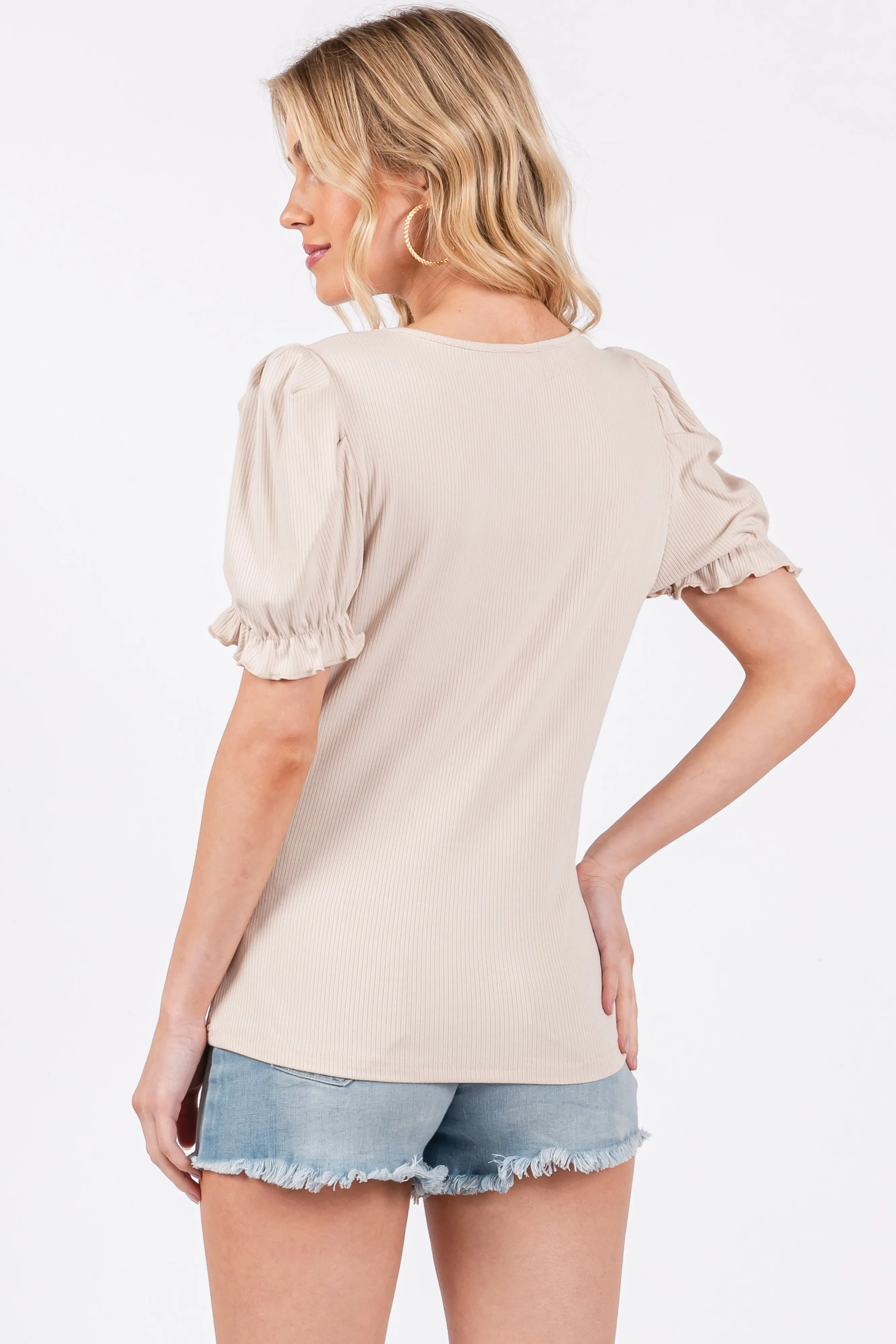 Beige Ribbed Puff Sleeve Top sold by Pinkblush product image thumbnail 3