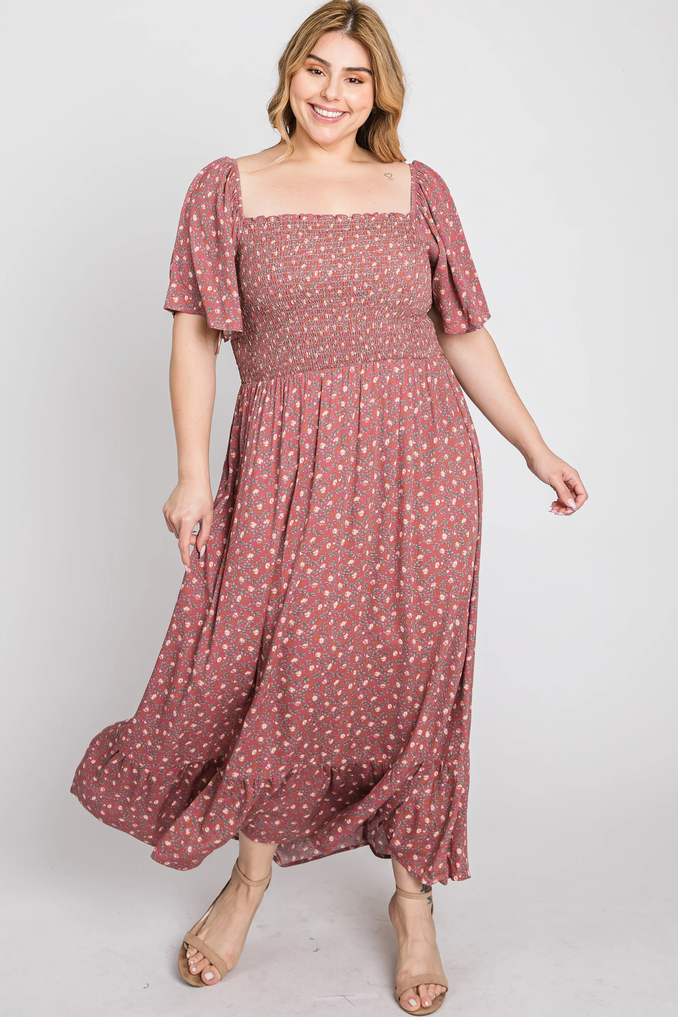 Mauve Floral Smocked Square Neck Plus Midi Dress sold by Pinkblush product image thumbnail 3