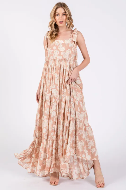 Light Pink Leaf Printed Square Neckline Tie Strap Tiered Maxi Dress sold by Pinkblush