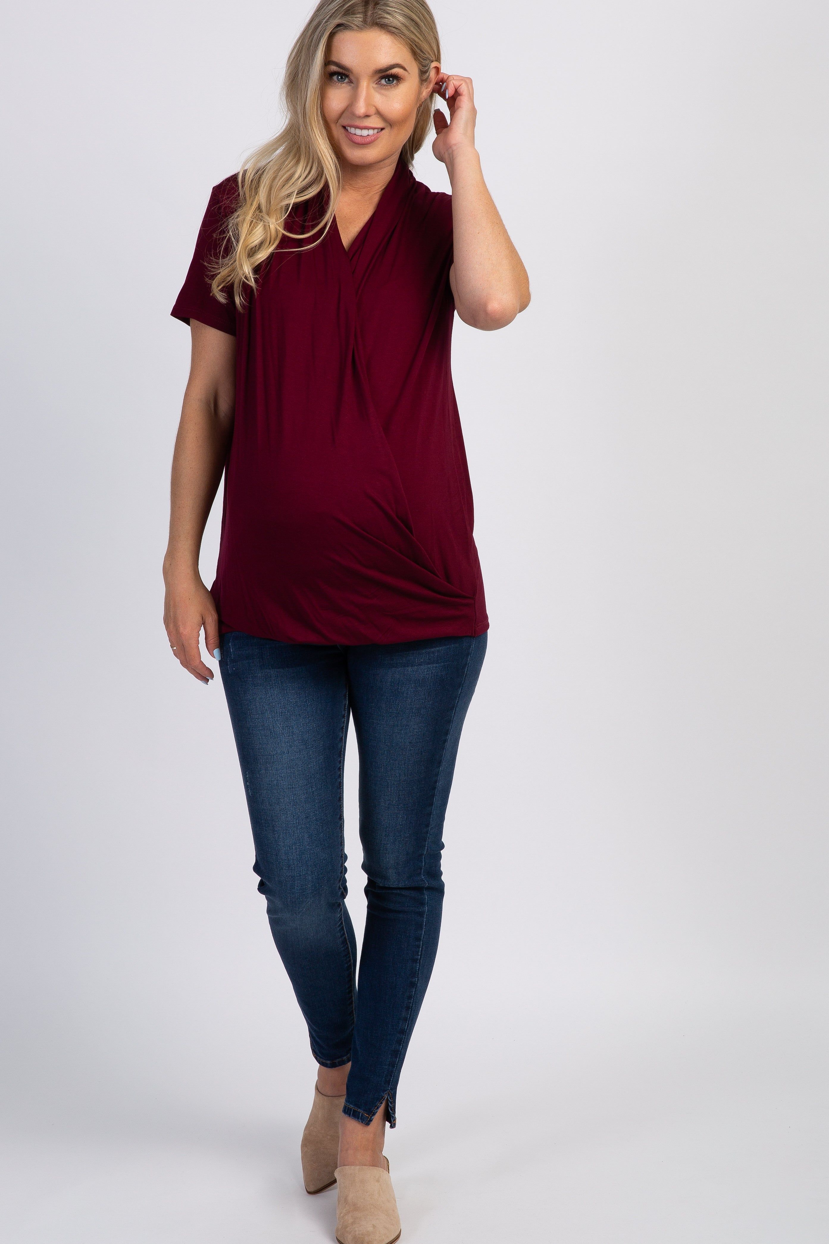 PinkBlush Burgundy Pleated Wrap Accent Maternity/Nursing Top sold by Pinkblush product image thumbnail 2