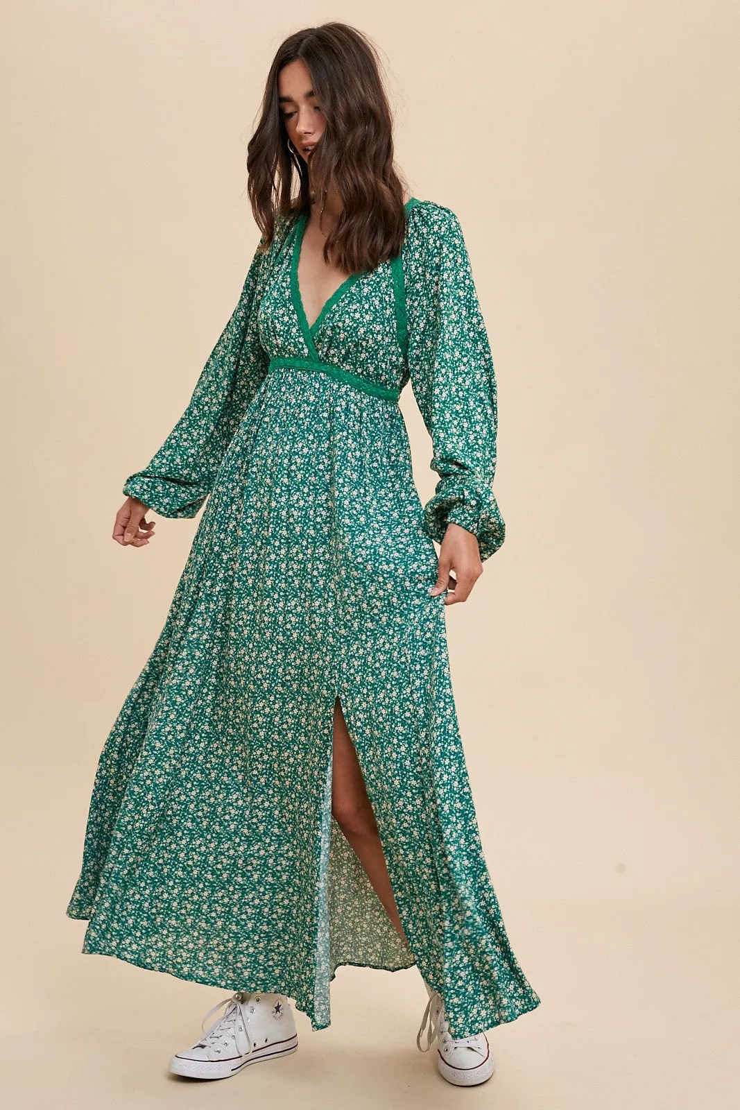 Green Floral Lace Accent Side Slit Maxi Dress sold by Pinkblush