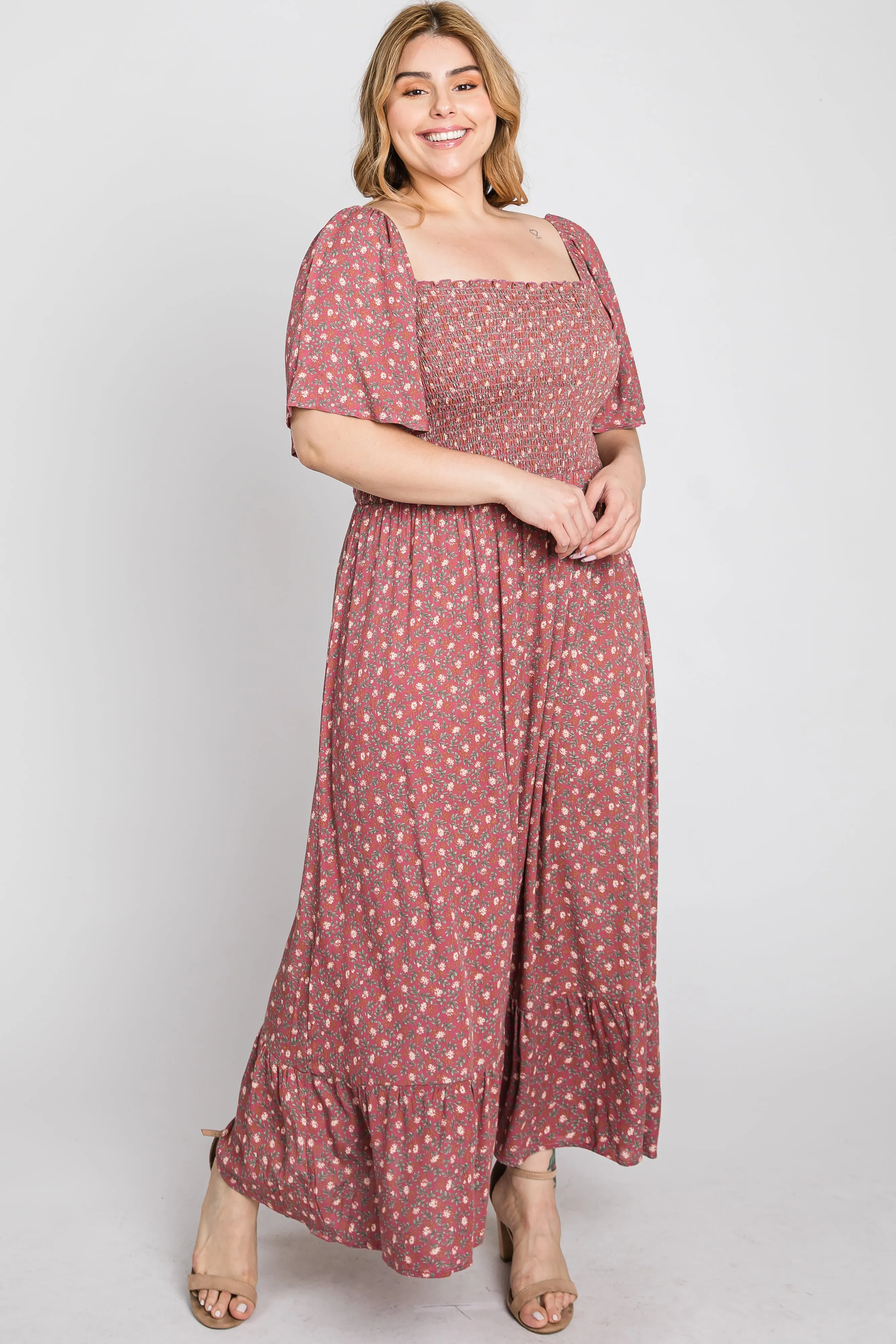 Mauve Floral Smocked Square Neck Plus Midi Dress sold by Pinkblush product image thumbnail 4