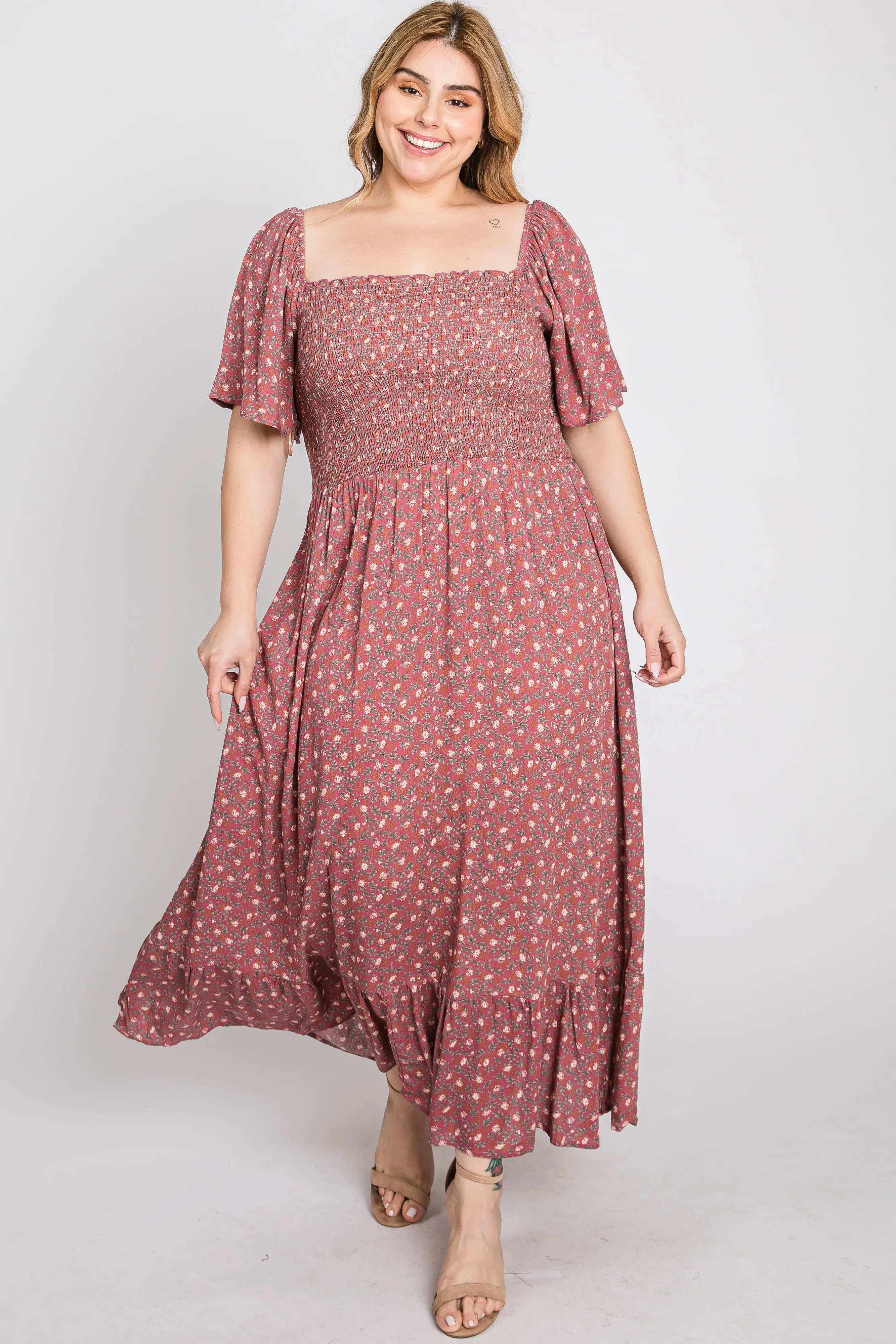 Mauve Floral Smocked Square Neck Plus Midi Dress sold by Pinkblush product image thumbnail 2