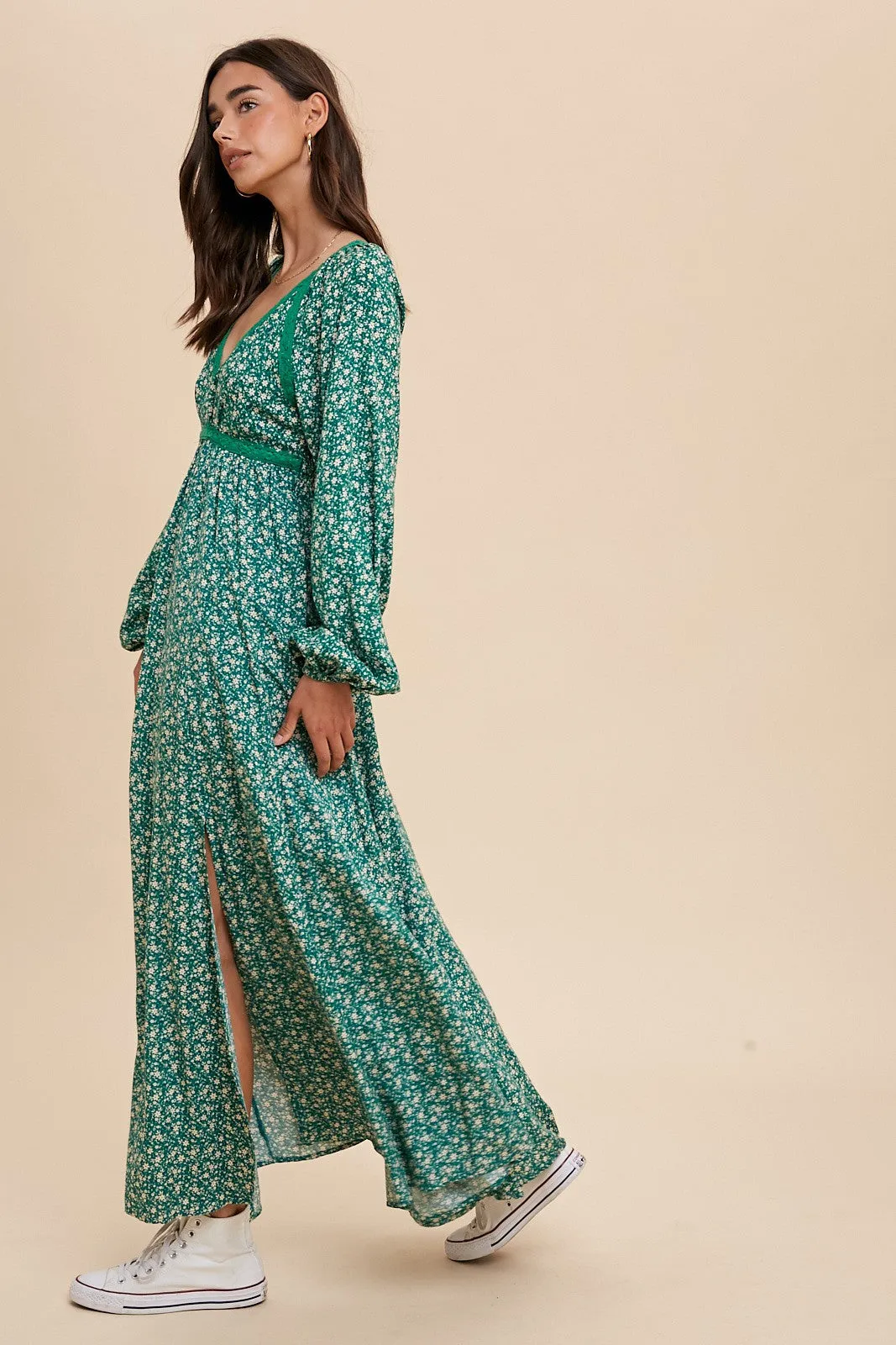 Green Floral Lace Accent Side Slit Maxi Dress sold by Pinkblush product image thumbnail 2