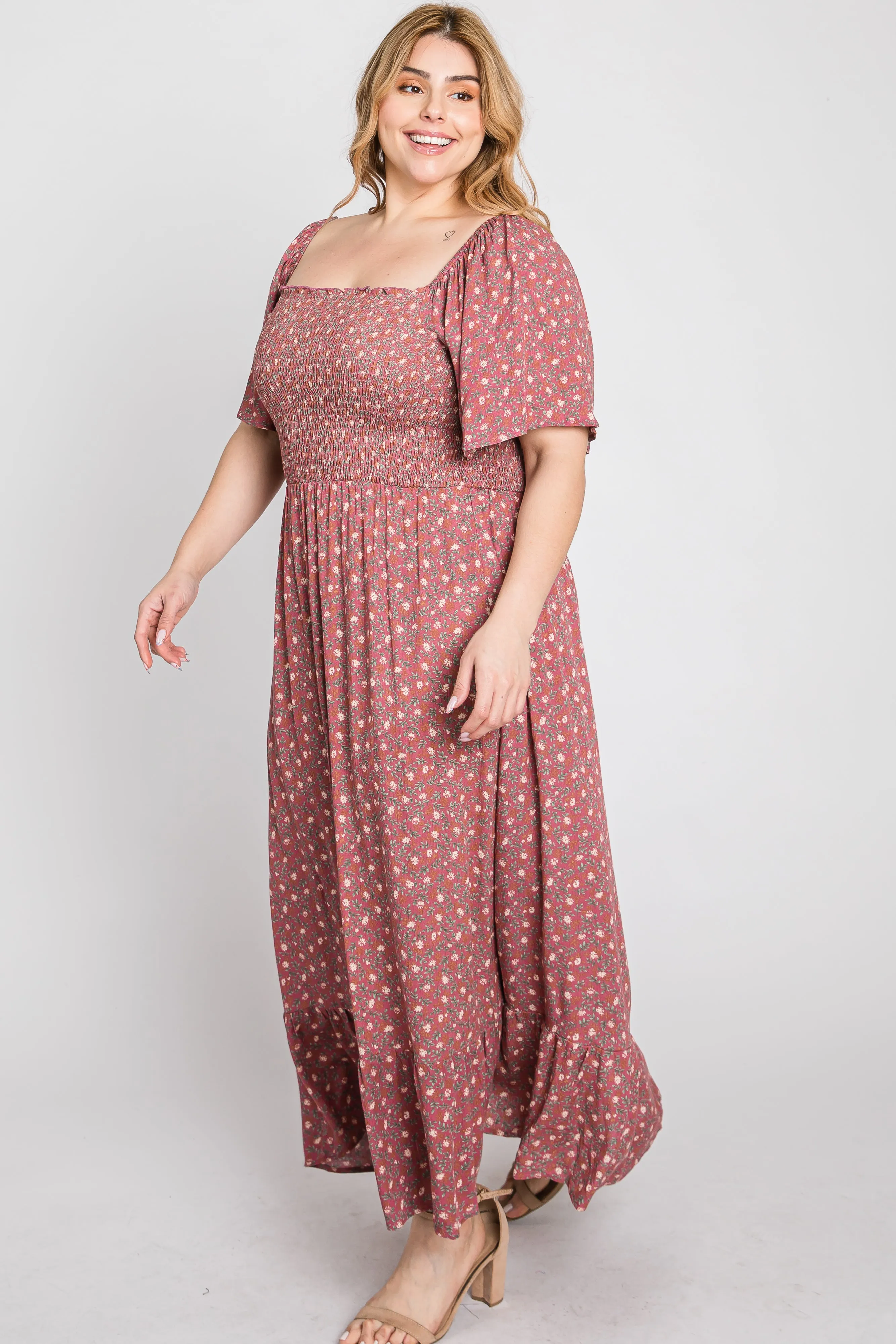 Mauve Floral Smocked Square Neck Plus Midi Dress sold by Pinkblush product image thumbnail 5