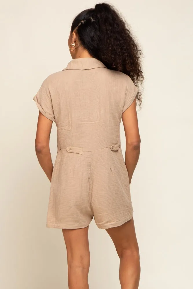 Taupe Gauze Button Up Front Pocket Romper sold by Pinkblush product image thumbnail 3
