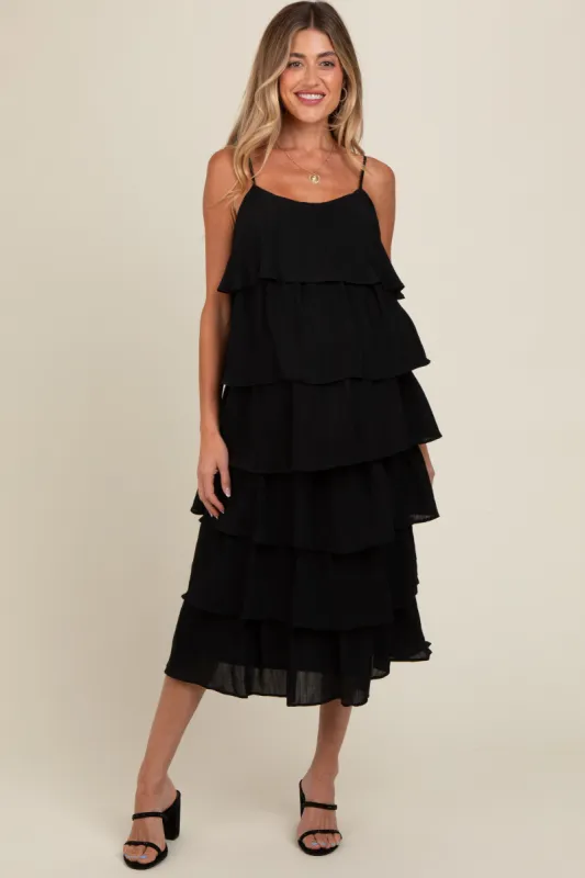 Black Tiered Maternity Midi Dress sold by Pinkblush