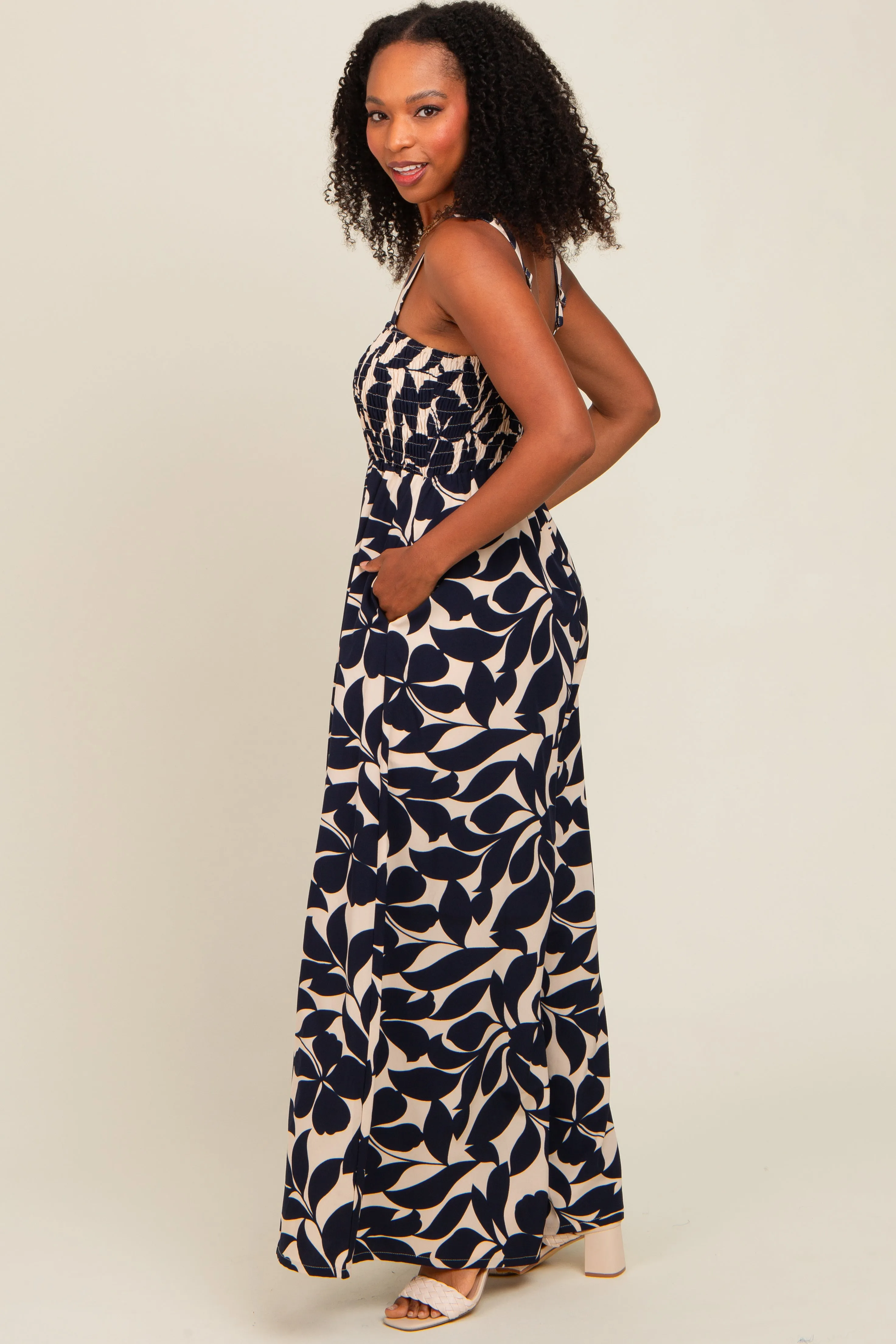 Navy Floral Smocked Wide Leg Jumpsuit sold by Pinkblush product image thumbnail 3