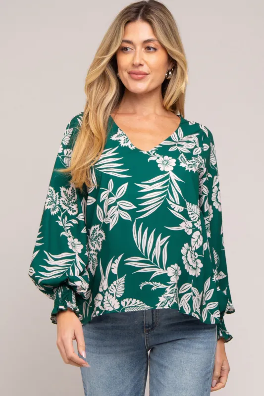 Forest Green Floral V-Neck Long Sleeve Maternity Blouse sold by Pinkblush