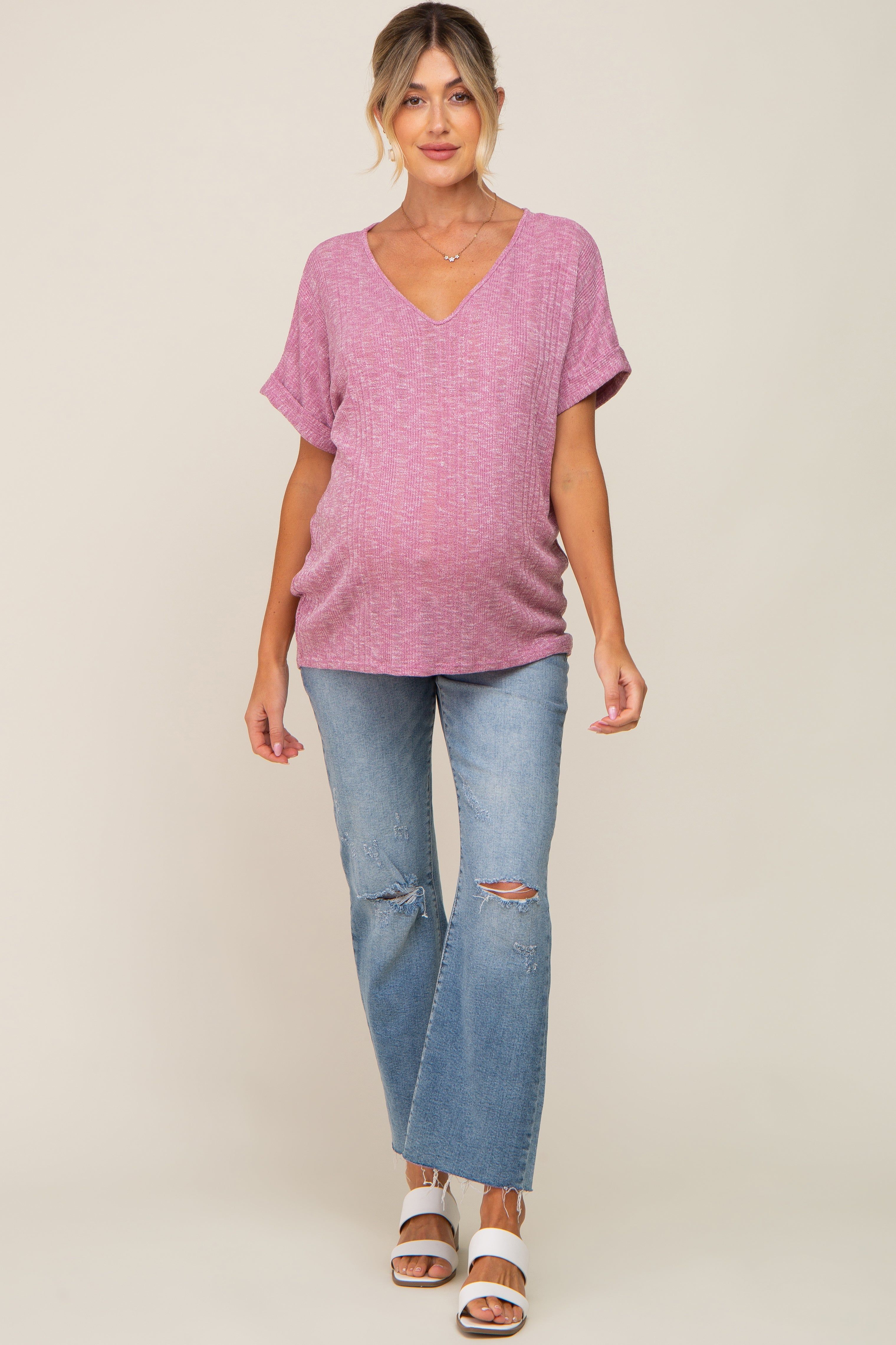Magenta Ribbed Cuffed Short Sleeve Maternity Top sold by Pinkblush product image thumbnail 6