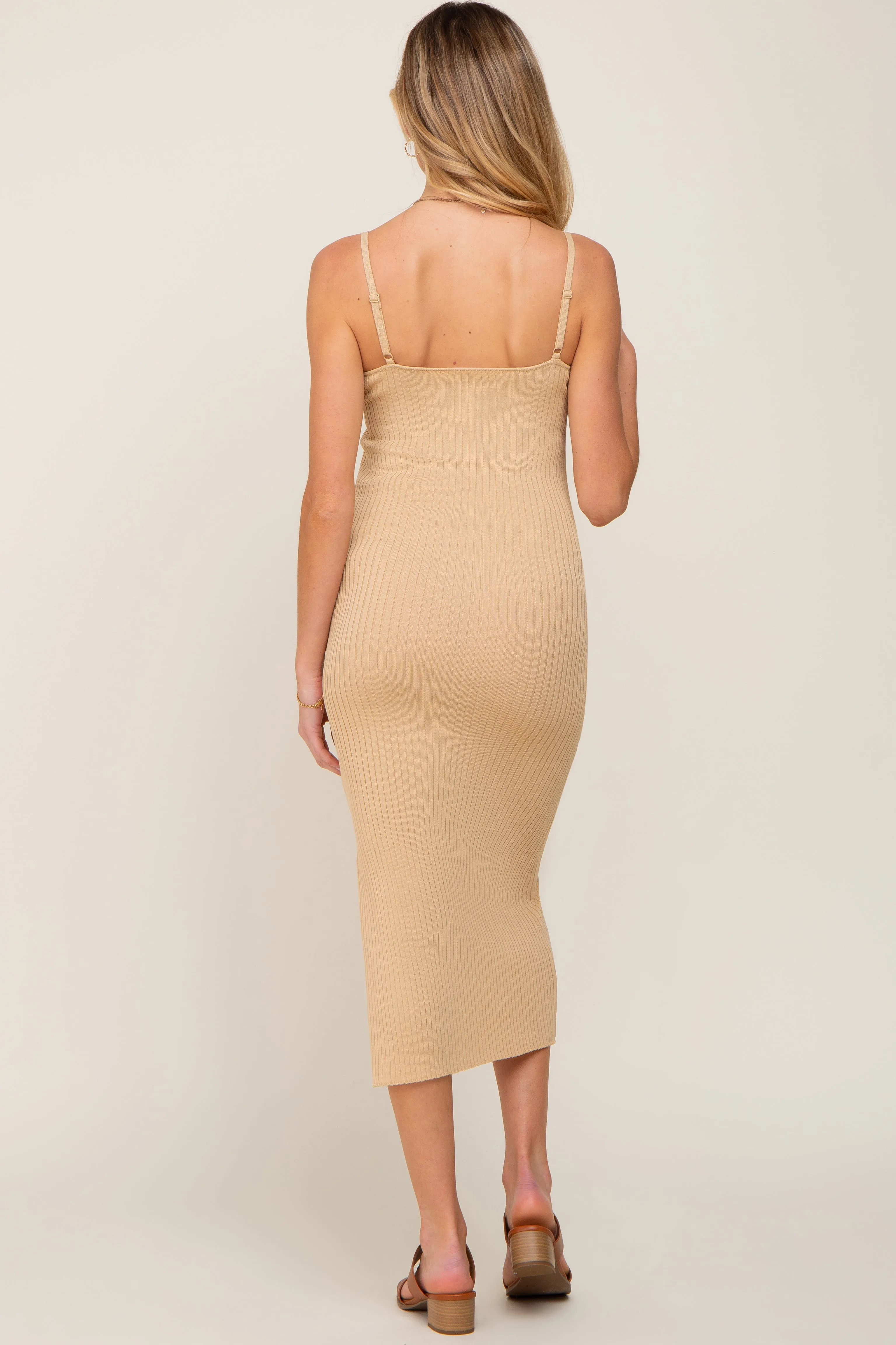 Beige Ribbed Knit Side Slit Maternity Midi Dress sold by Pinkblush product image thumbnail 3