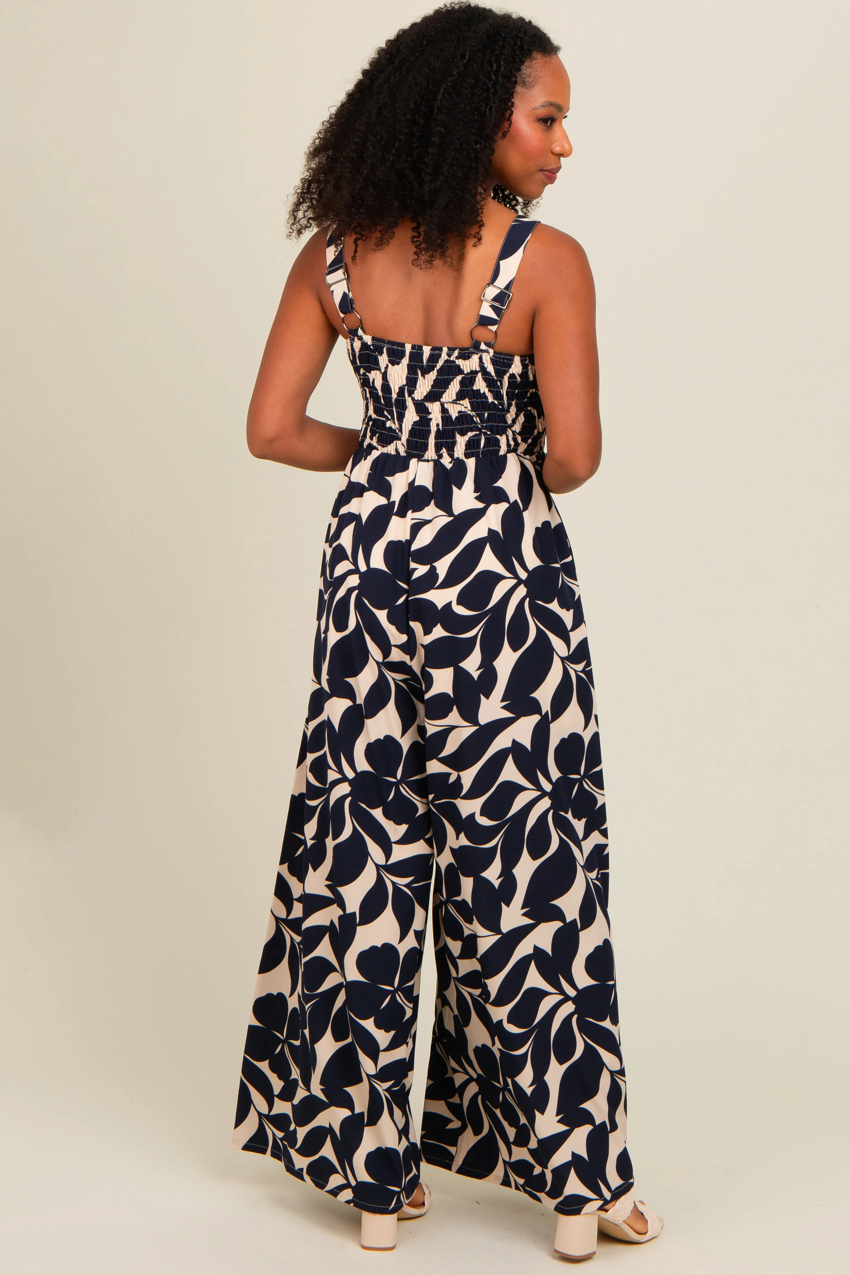 Navy Floral Smocked Wide Leg Jumpsuit sold by Pinkblush product image thumbnail 4