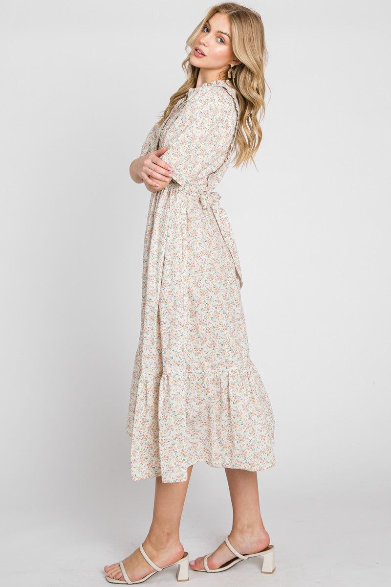 Off White Pink Floral Print Pintuck Dress sold by Pinkblush product image thumbnail 3